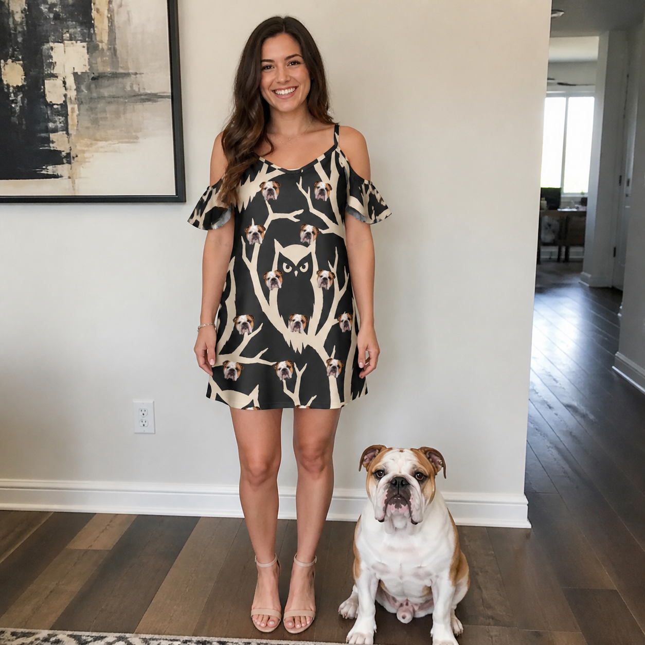 Full-length photo with the pet printed all over this Women's Midnight Moonhoot Custom Dog Face Off-Shoulder Dress