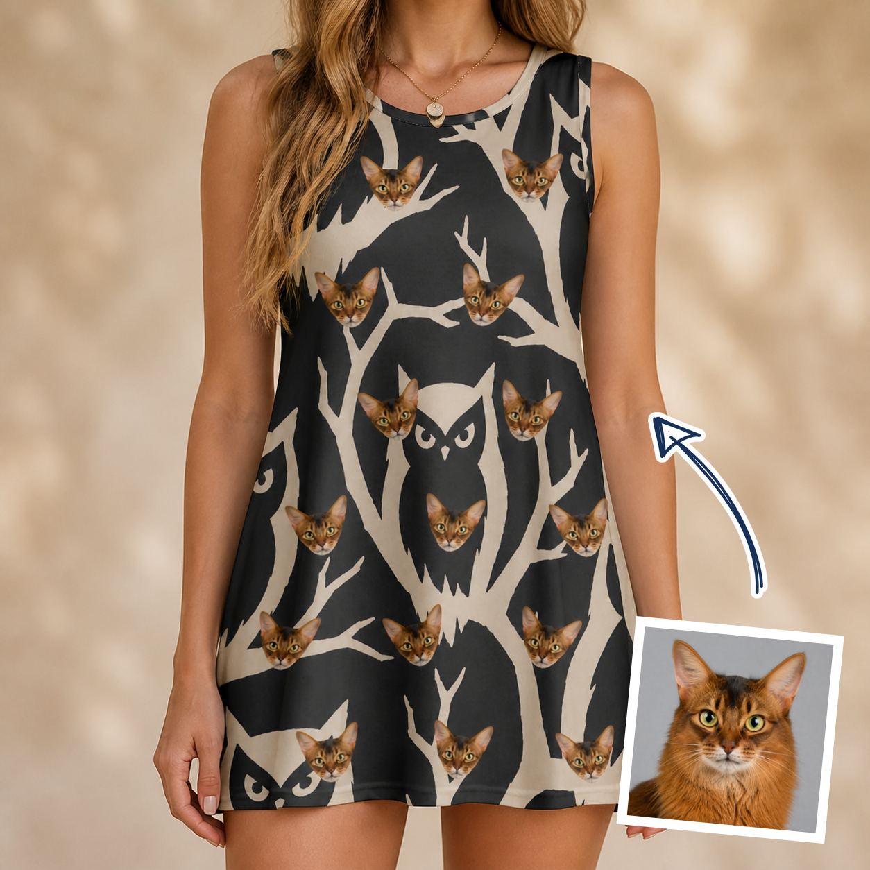 Woman wearing Women's Midnight Moonhoot Custom Cat Face Tank Dress — custom faces printed all-over