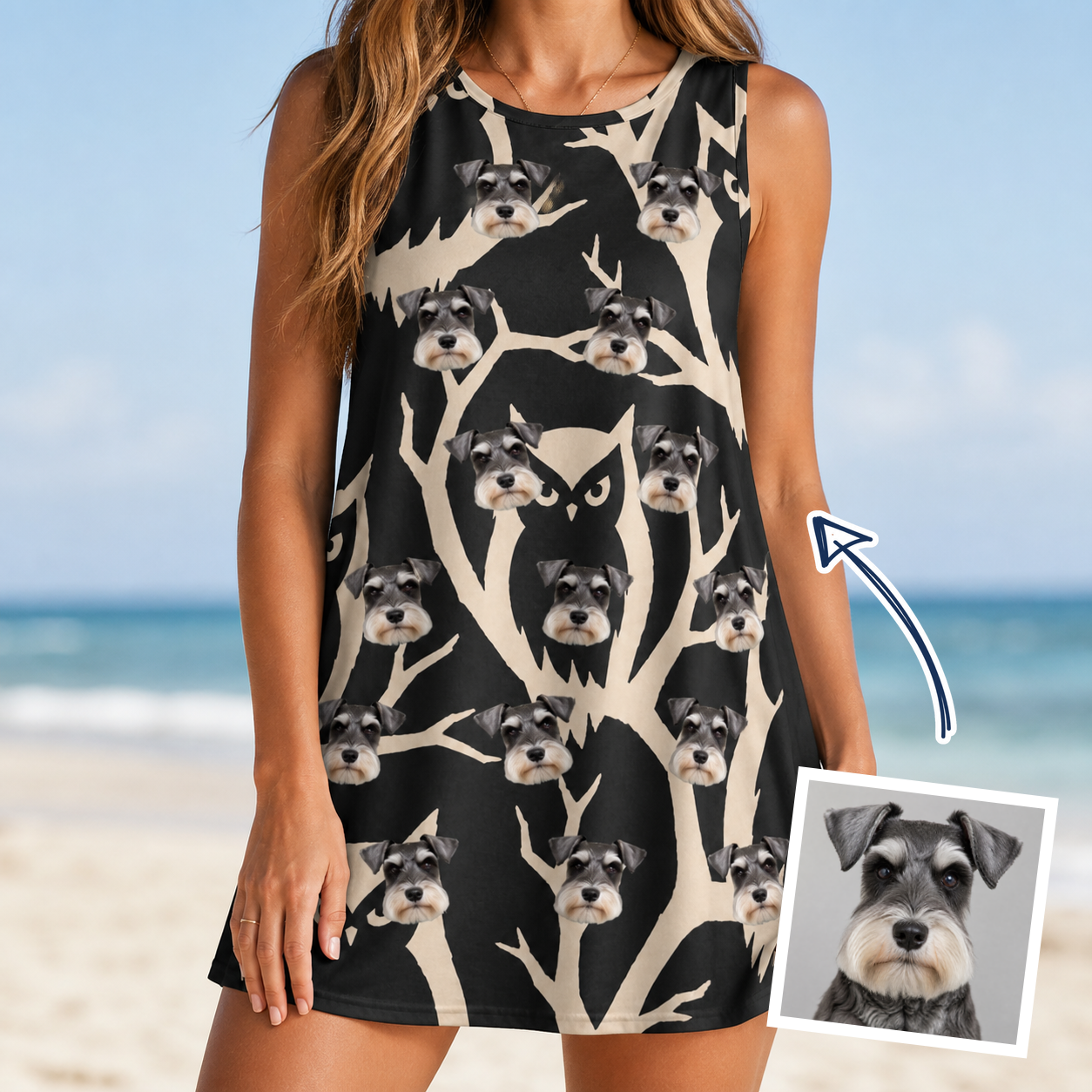 Woman wearing Women's Midnight Moonhoot Custom Dog Face Tank Dress — custom faces printed all-over