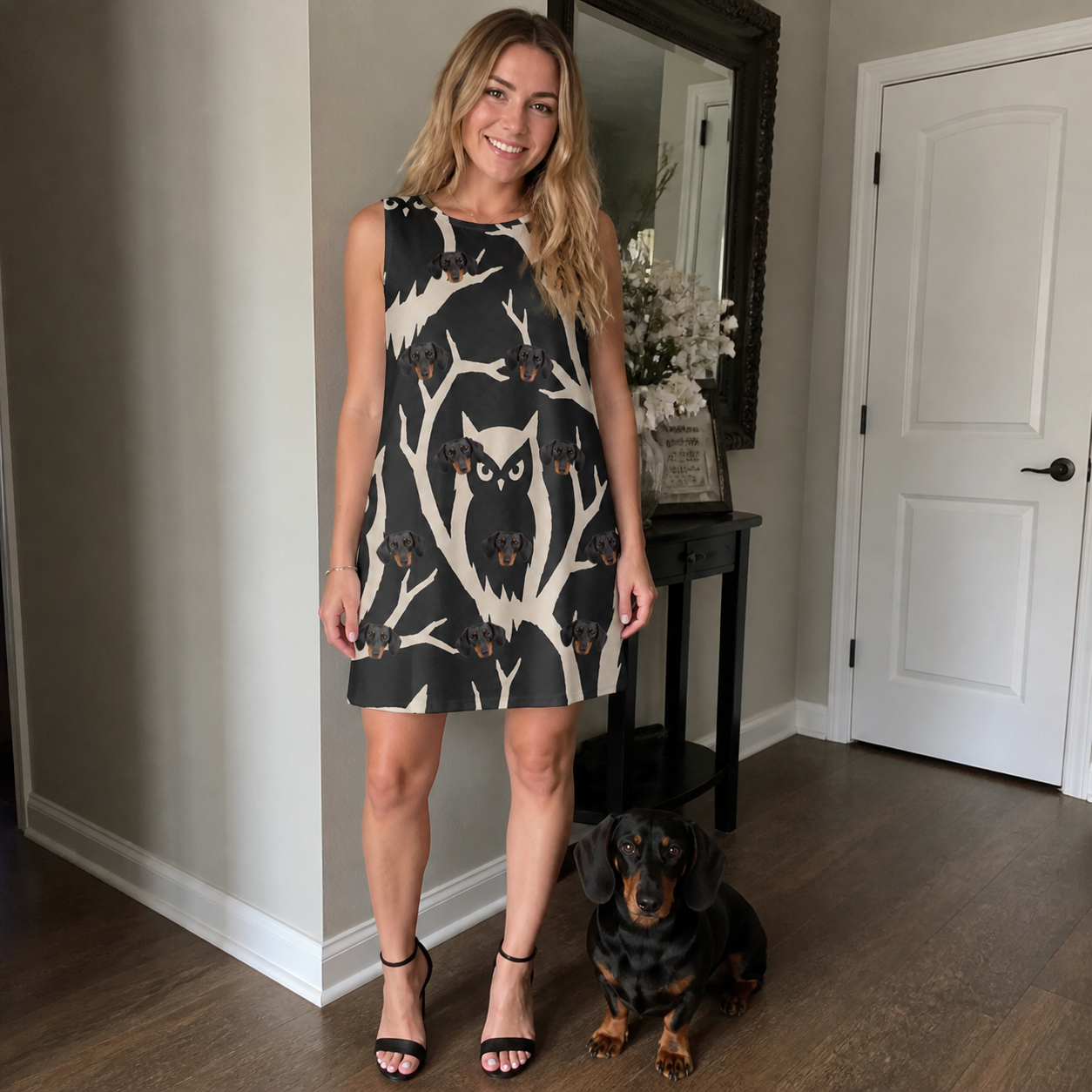 Full-length photo with the pet printed all over this Women's Midnight Moonhoot Custom Dog Face Tank Dress