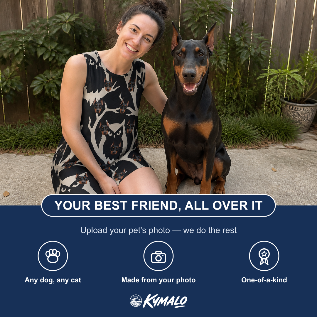 Friends in matching Women's Midnight Moonhoot Custom Dog Face Tank Dress — a group gift photo