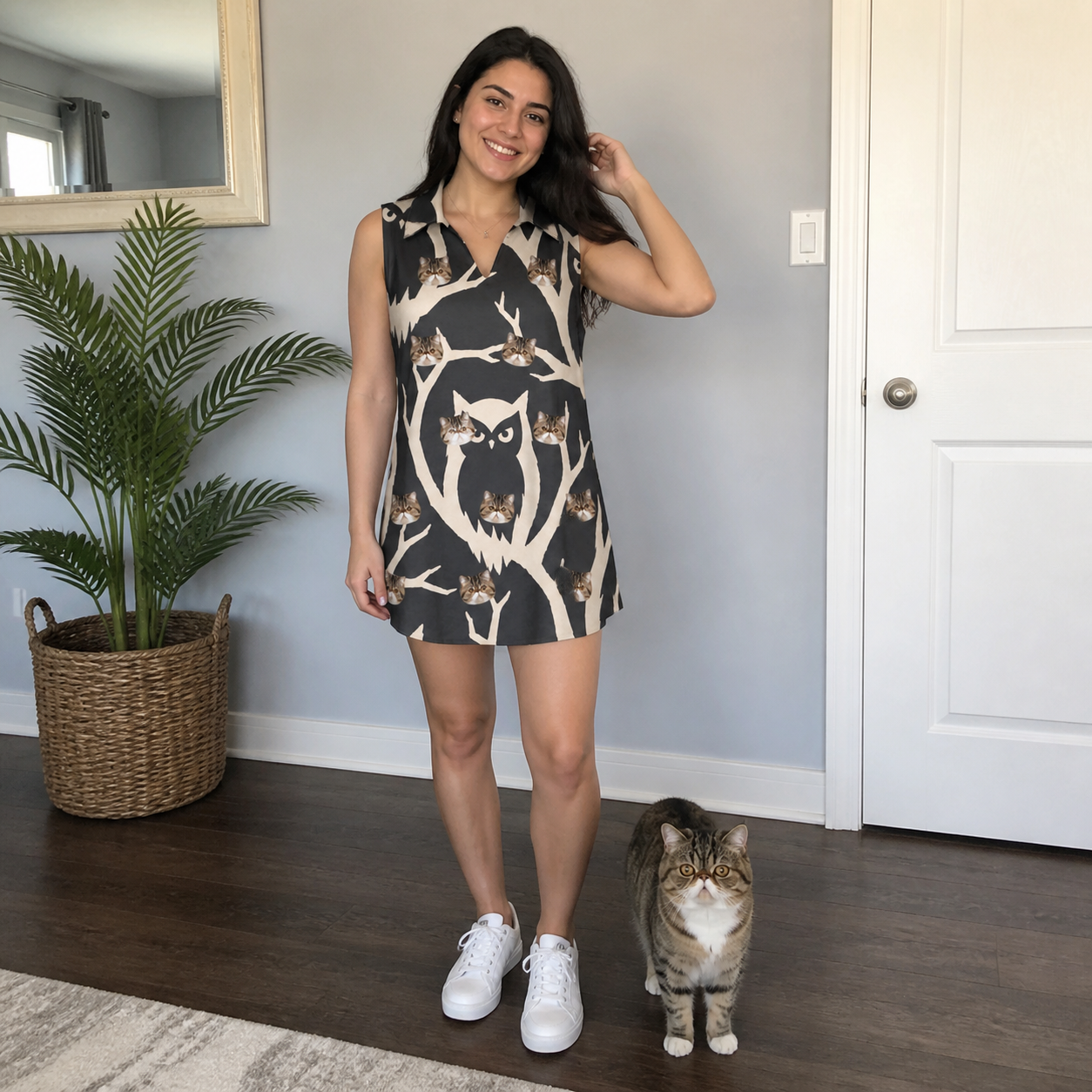 Full-length photo with the pet printed all over this Women's Midnight Moonhoot Custom Cat Face V-Neck Dress