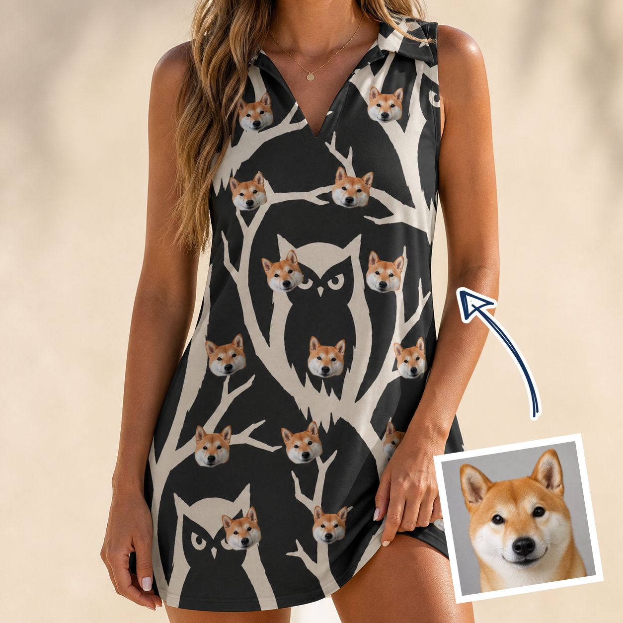 Woman wearing Women's Midnight Moonhoot Custom Dog Face V-Neck Dress — custom faces printed all-over