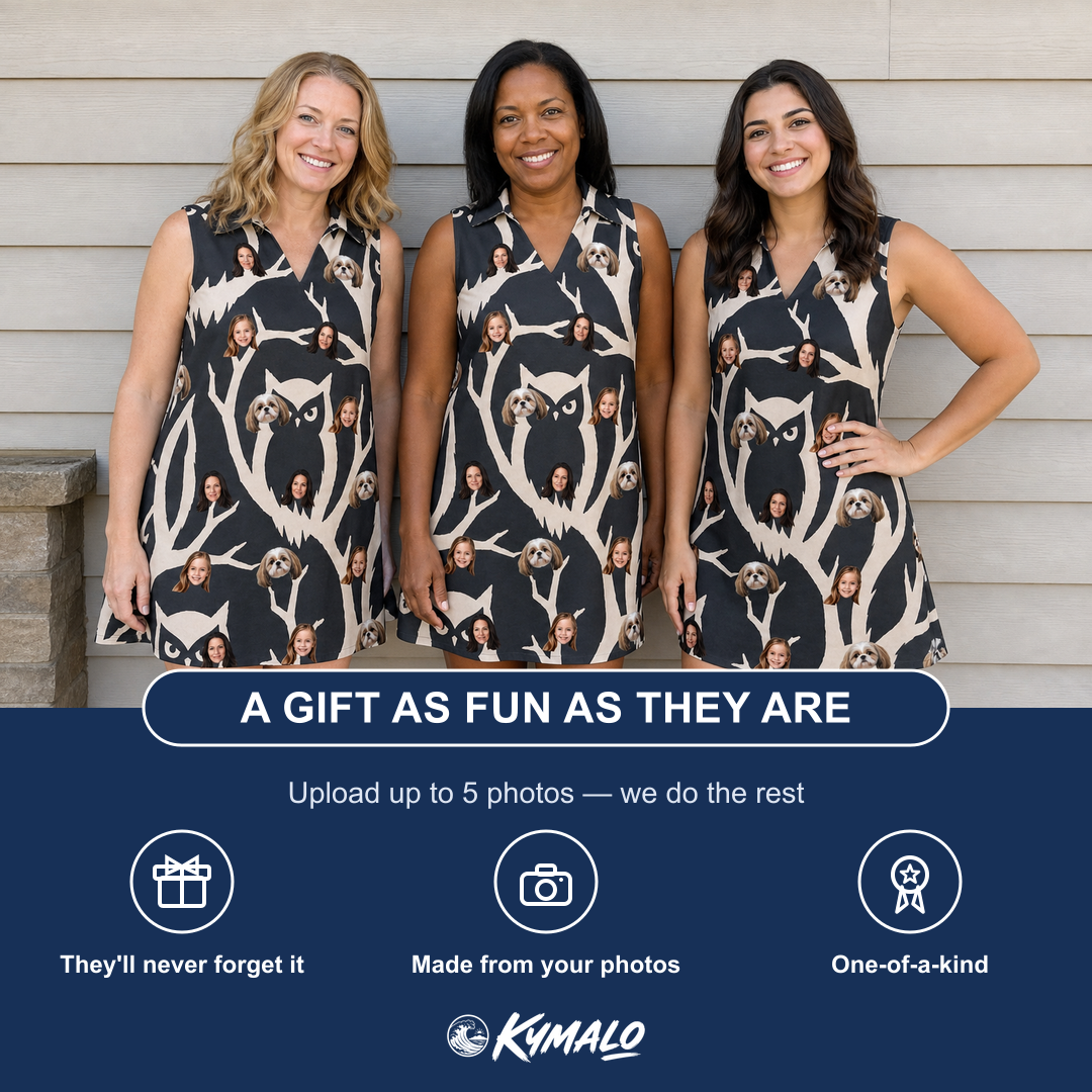 Friends in matching Women's Midnight Moonhoot Custom Face V-Neck Dress — a group gift photo