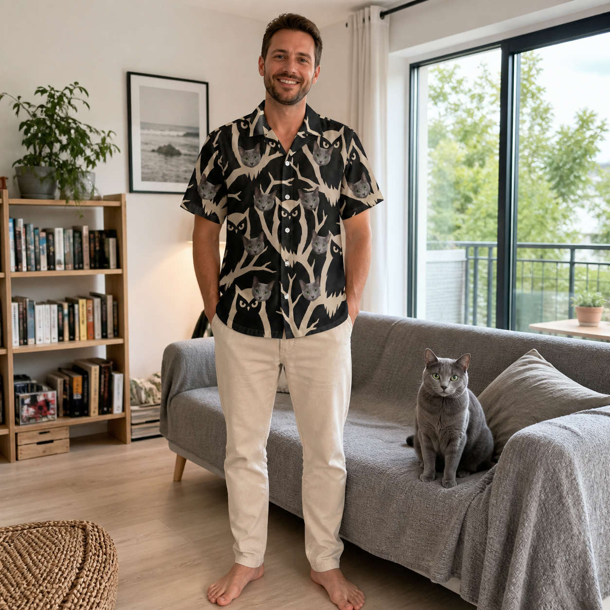 Full-length photo with the pet printed all over this Funny Spooky Owls Custom Cat Face Hawaiian Shirt for Men