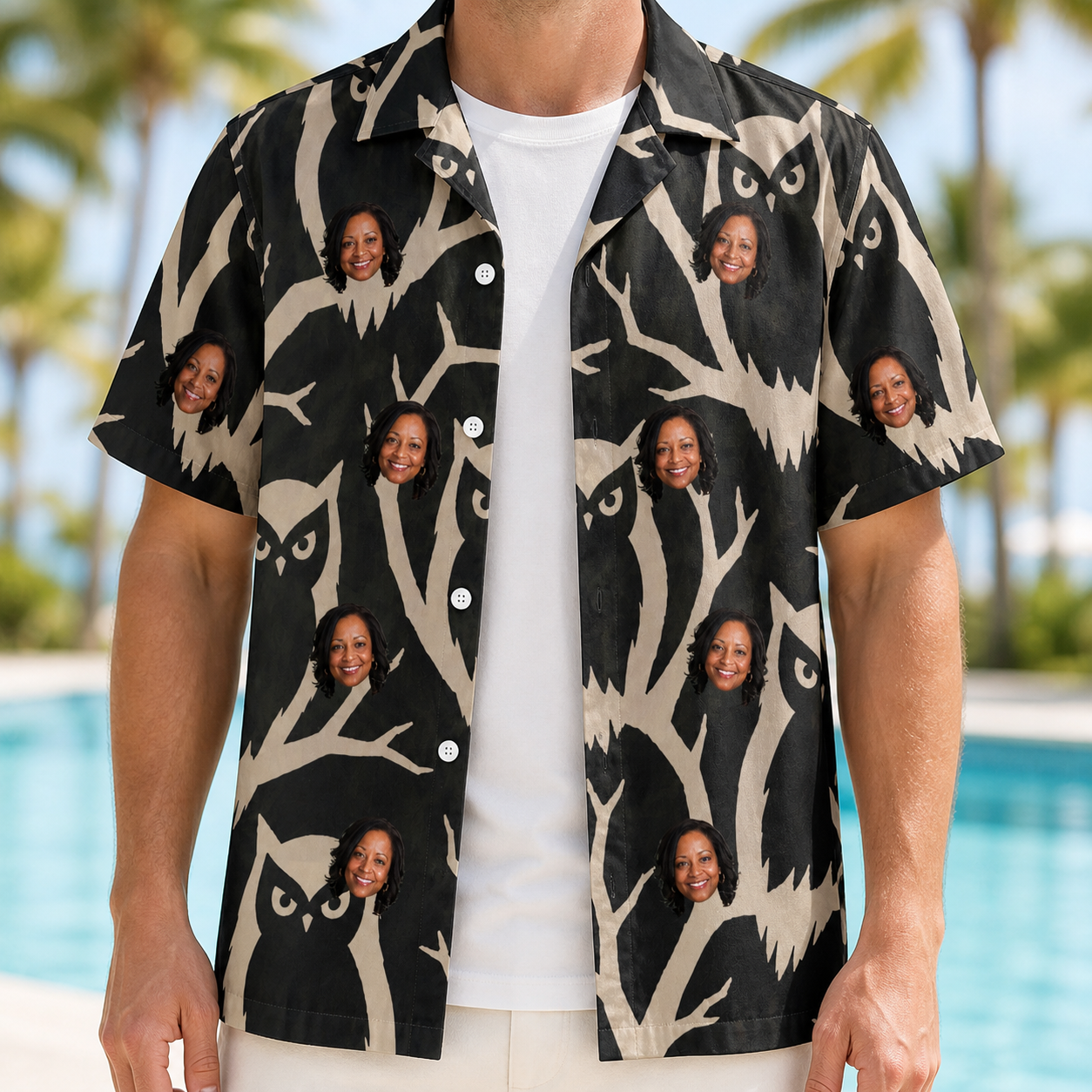 Man wearing Men's Midnight Moonhoot Custom Face Hawaiian Shirt open over a white tee