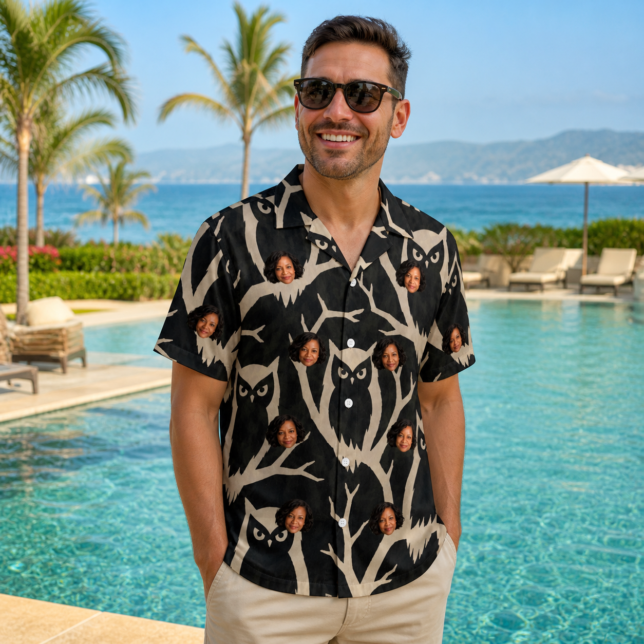 Real-life photo of someone wearing Men's Midnight Moonhoot Custom Face Hawaiian Shirt — custom faces printed all-over