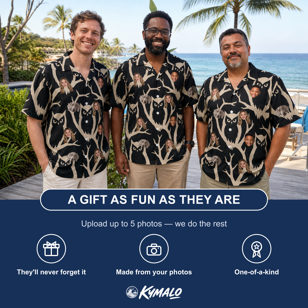Friends in matching Men's Midnight Moonhoot Custom Face Hawaiian Shirt — a group gift photo