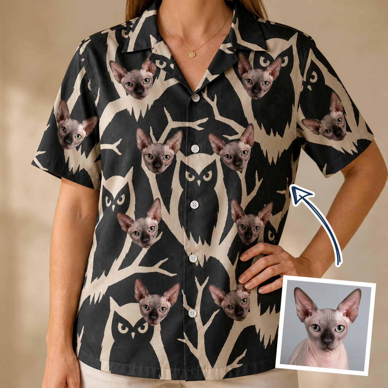 Woman wearing Women's Midnight Moonhoot Custom Cat Face Hawaiian Shirt — custom faces printed all-over
