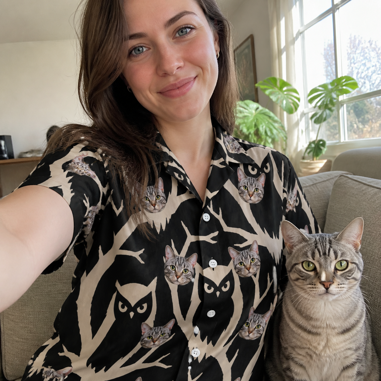 Selfie with the pet whose face is printed all over this Women's Midnight Moonhoot Custom Cat Face Hawaiian Shirt