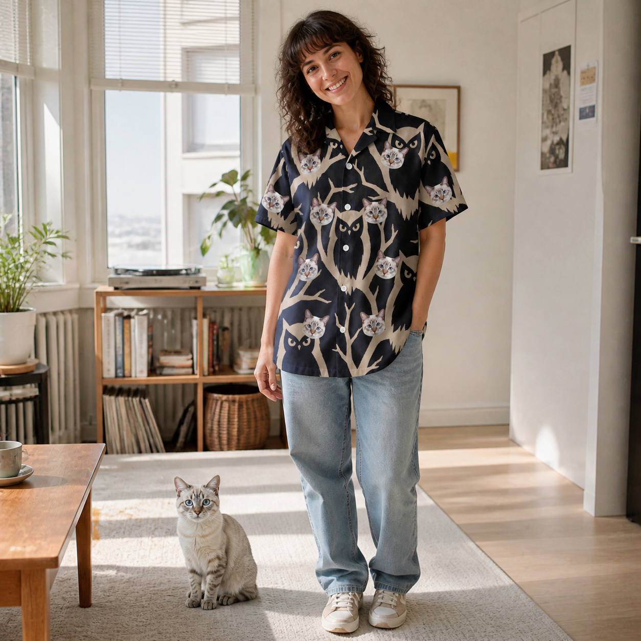 Full-length photo with the pet printed all over this Women's Midnight Moonhoot Custom Cat Face Hawaiian Shirt