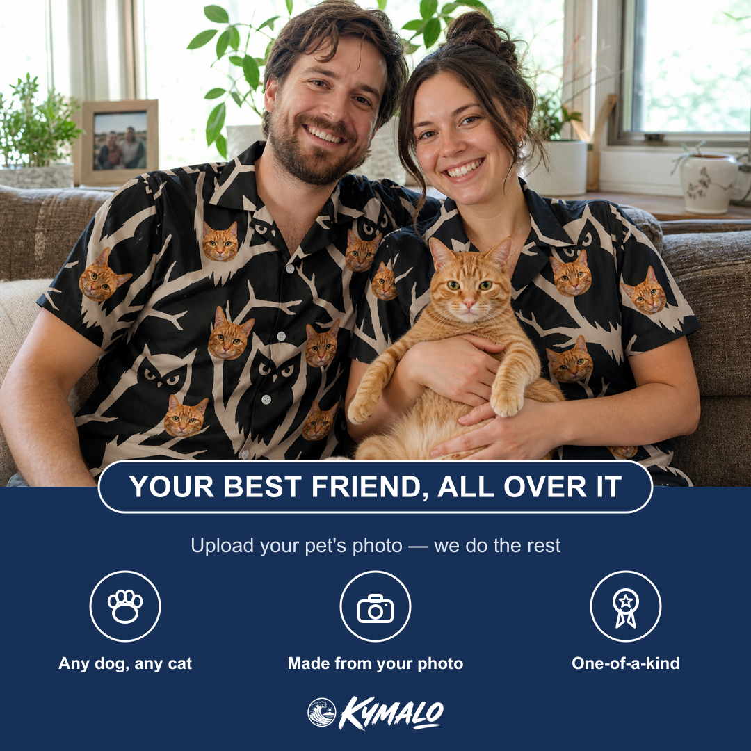 Friends in matching Women's Midnight Moonhoot Custom Cat Face Hawaiian Shirt — a group gift photo