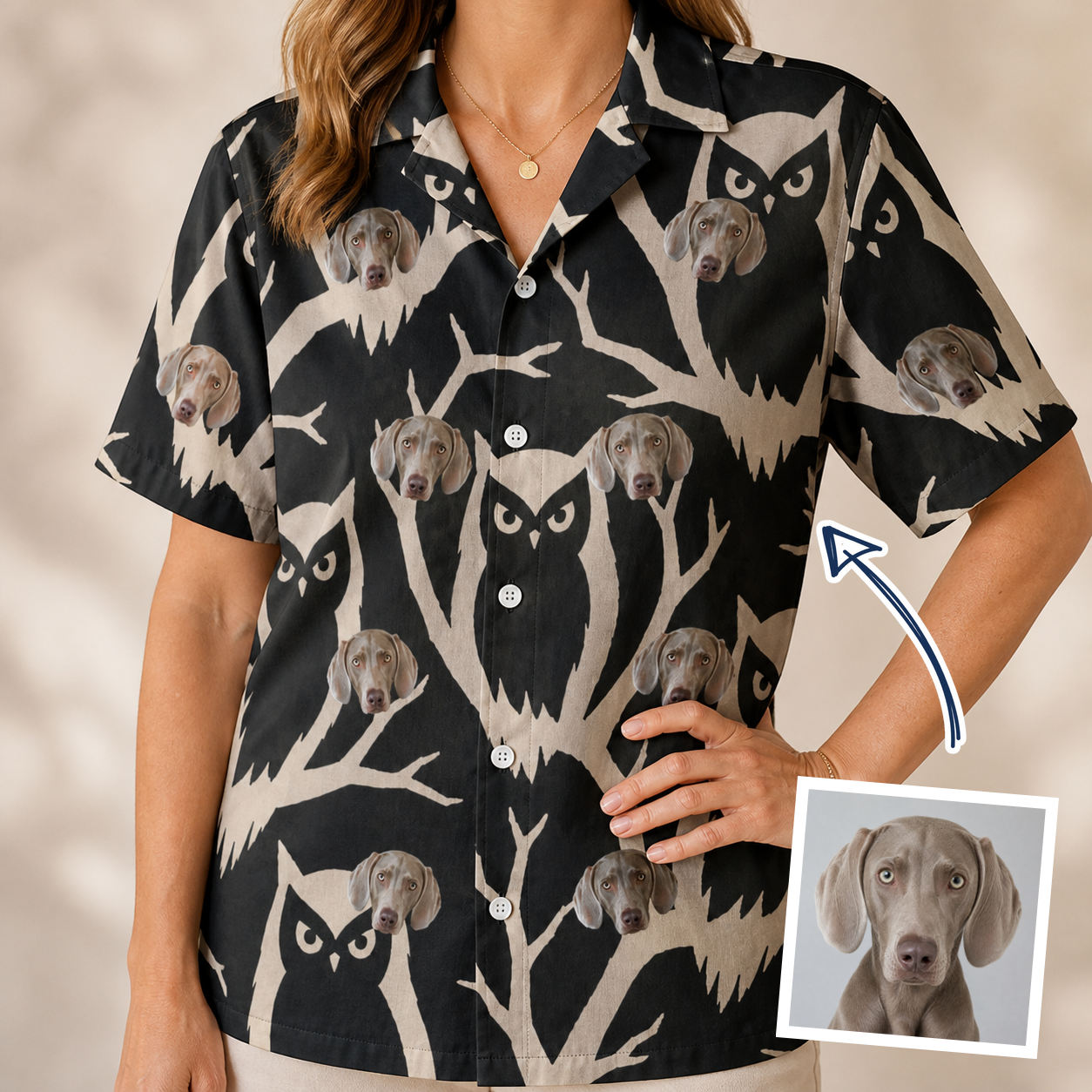 Woman wearing Women's Midnight Moonhoot Custom Dog Face Hawaiian Shirt — custom faces printed all-over