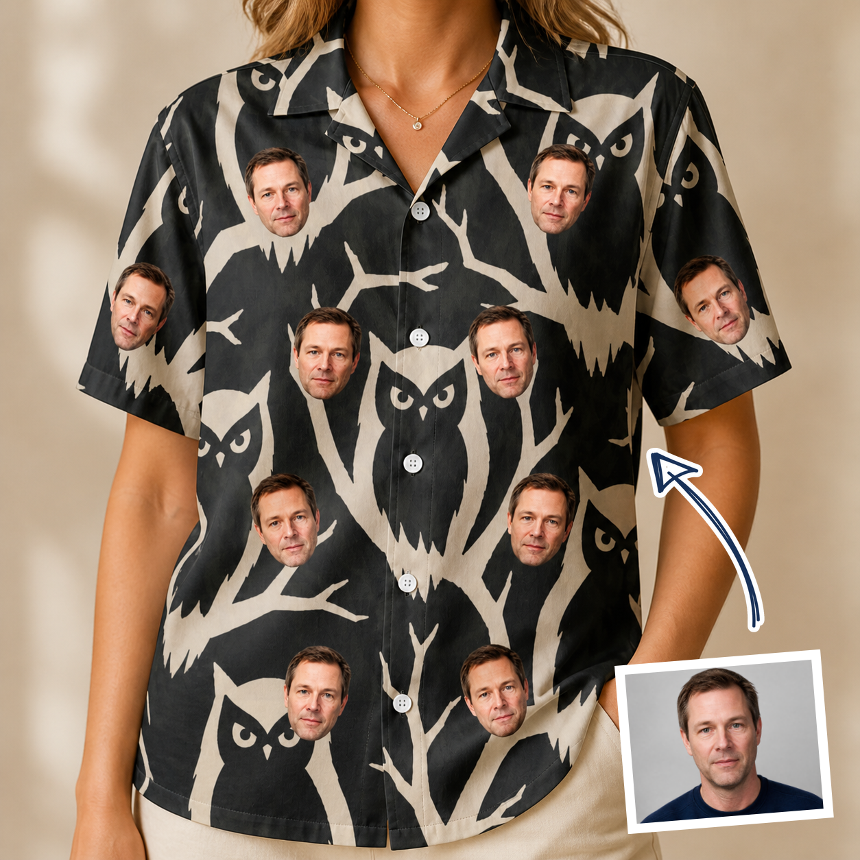 Woman wearing Women's Midnight Moonhoot Custom Face Hawaiian Shirt — custom faces printed all-over