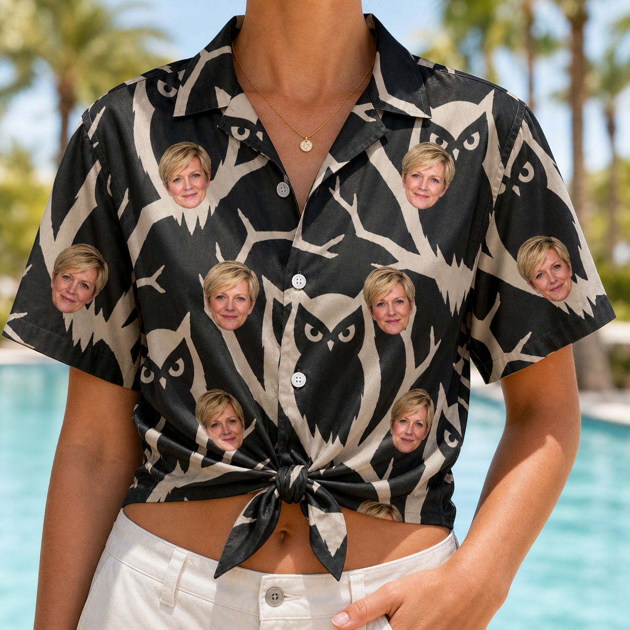 Woman wearing Women's Midnight Moonhoot Custom Face Hawaiian Shirt tied at the waist