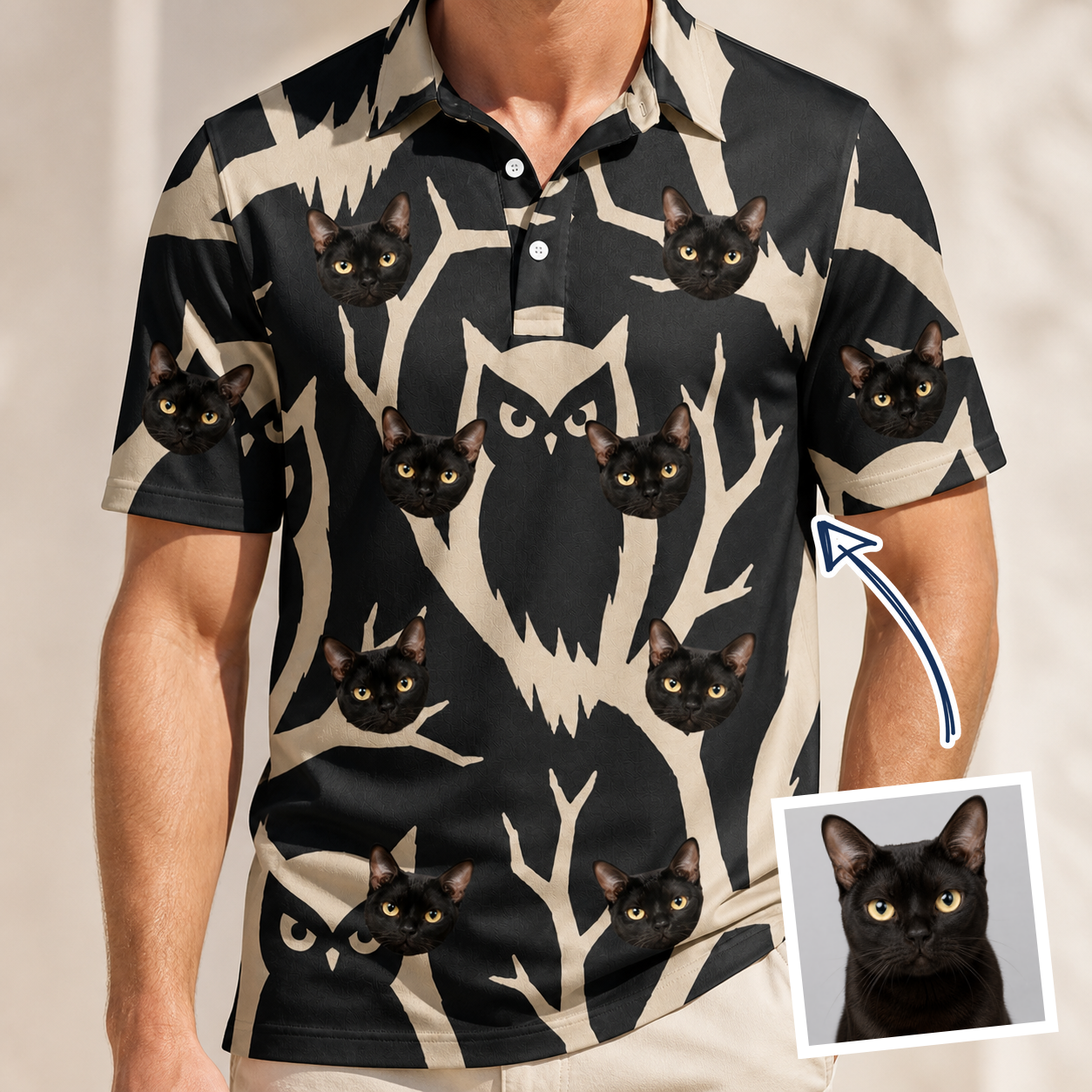 Man wearing Men's Midnight Moonhoot Custom Cat Face Polo Shirt — custom faces printed all-over