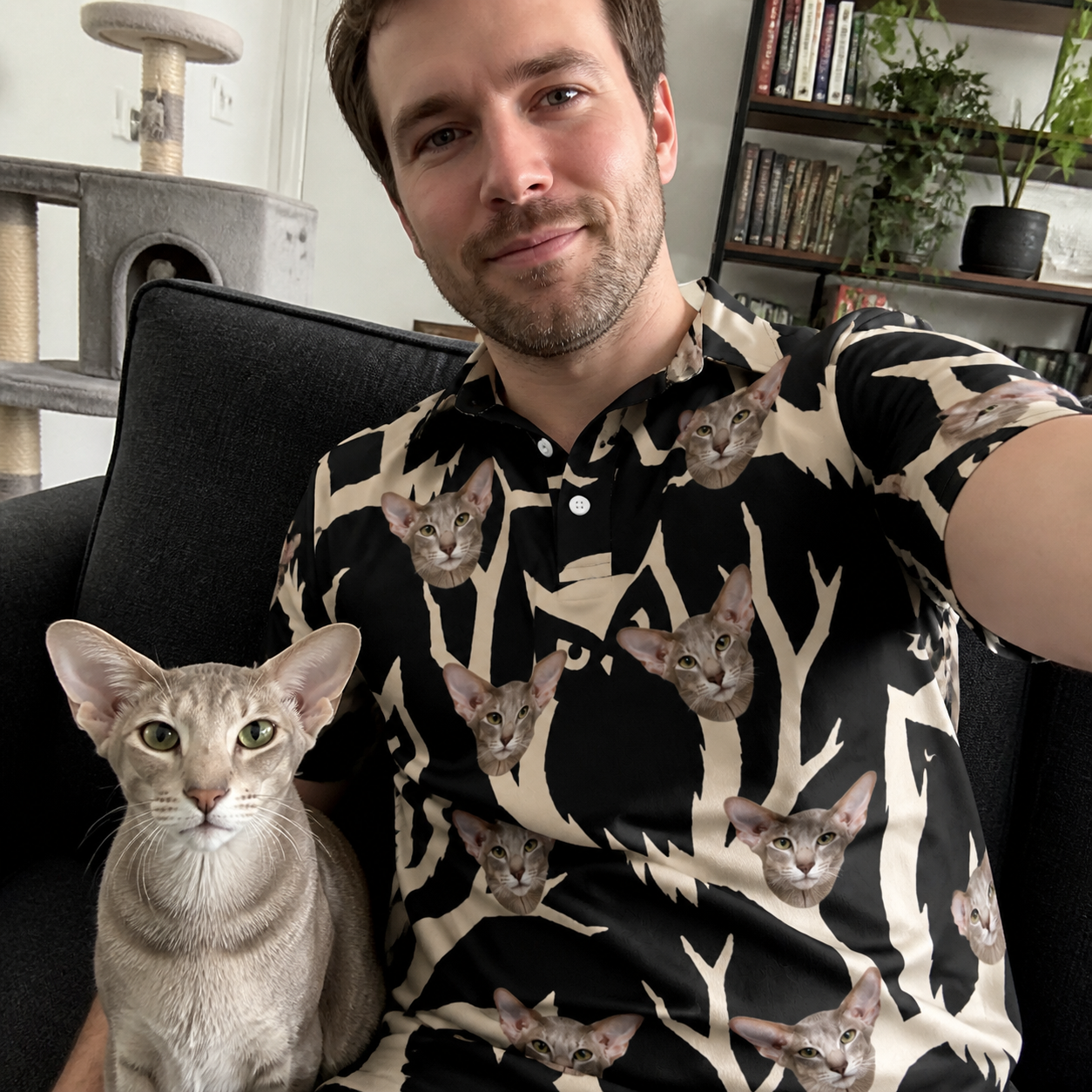 Selfie with the pet whose face is printed all over this Men's Midnight Moonhoot Custom Cat Face Polo Shirt