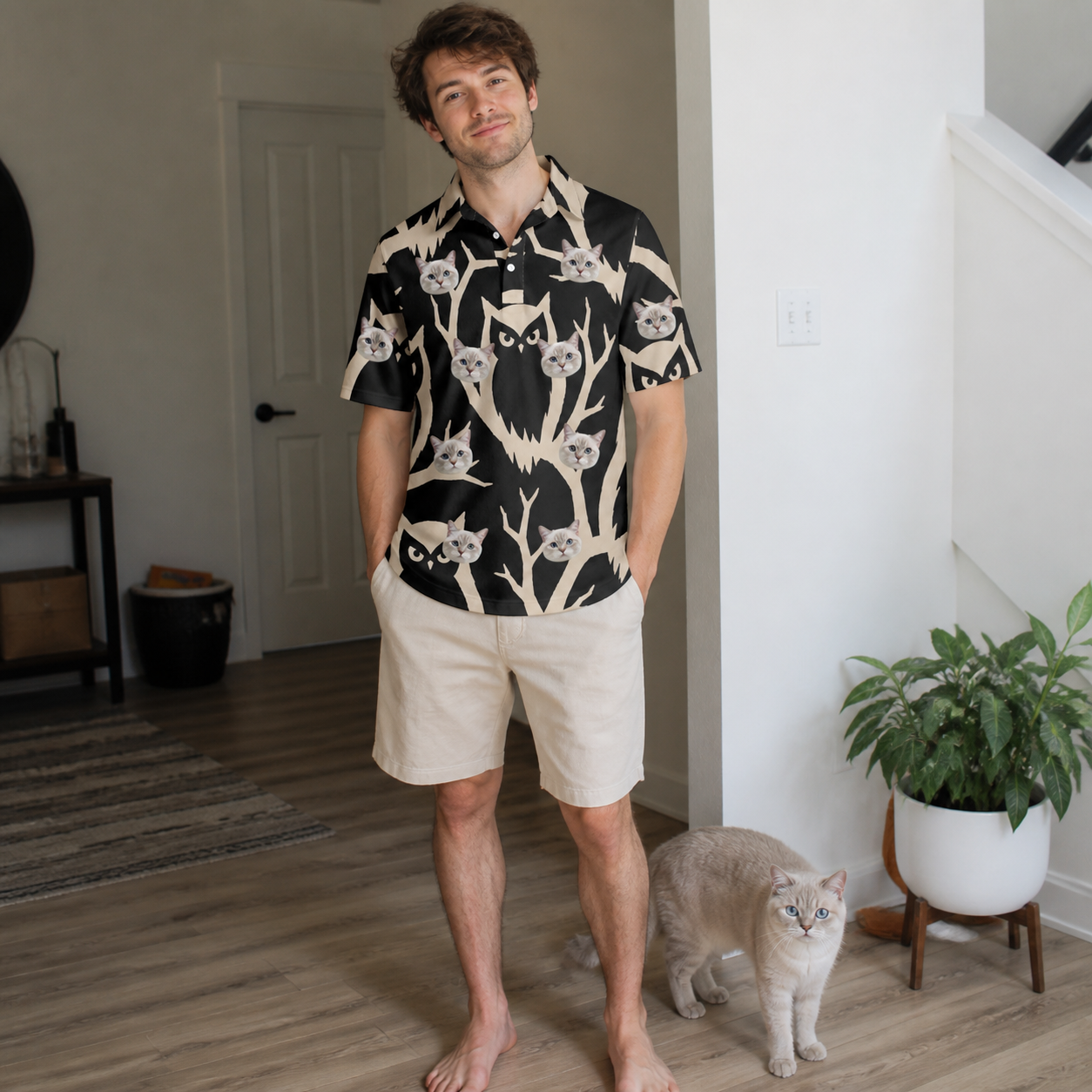Full-length photo with the pet printed all over this Men's Midnight Moonhoot Custom Cat Face Polo Shirt