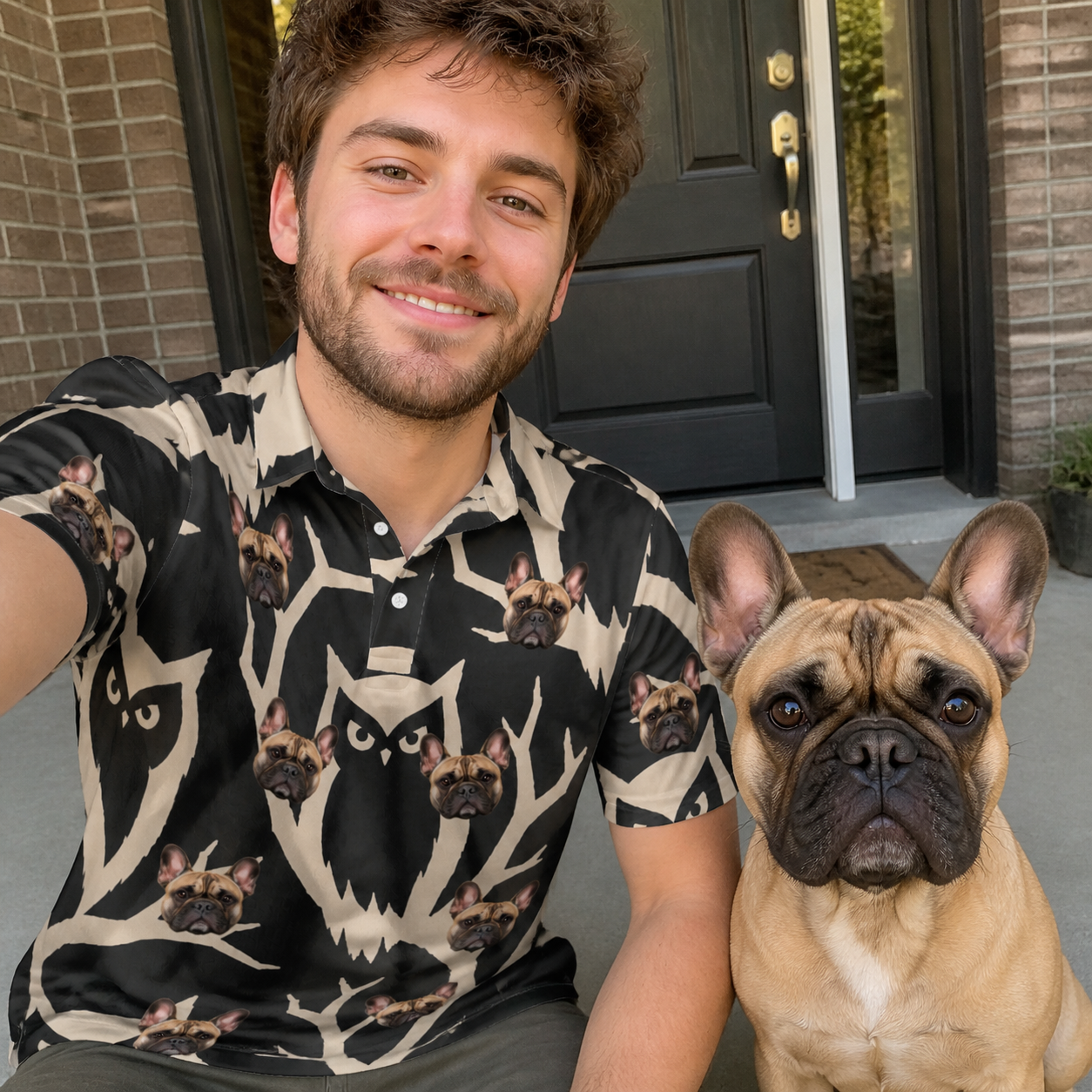 Selfie with the pet whose face is printed all over this Men's Midnight Moonhoot Custom Dog Face Polo Shirt