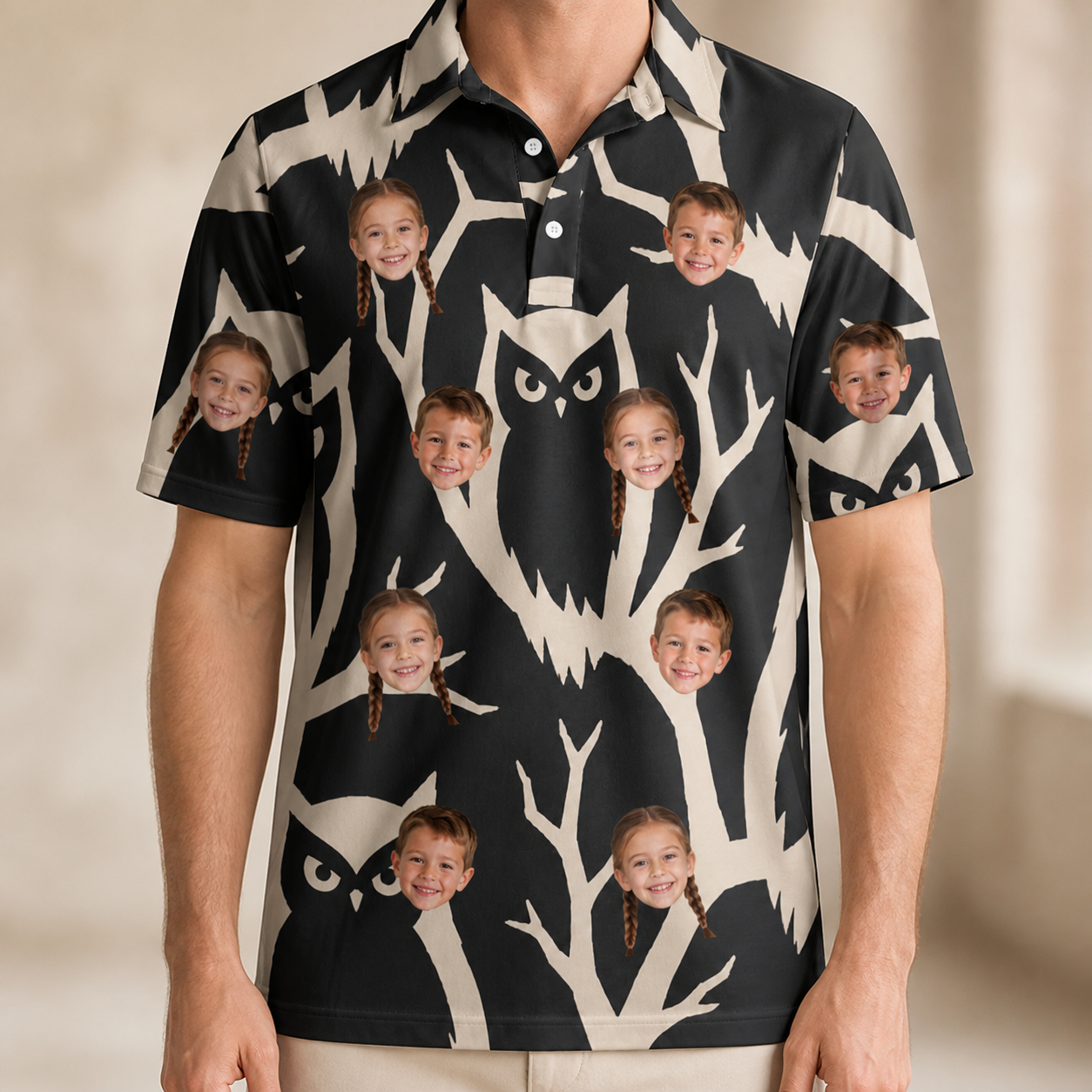 Model wearing Men's Midnight Moonhoot Custom Face Polo Shirt printed with kids' faces