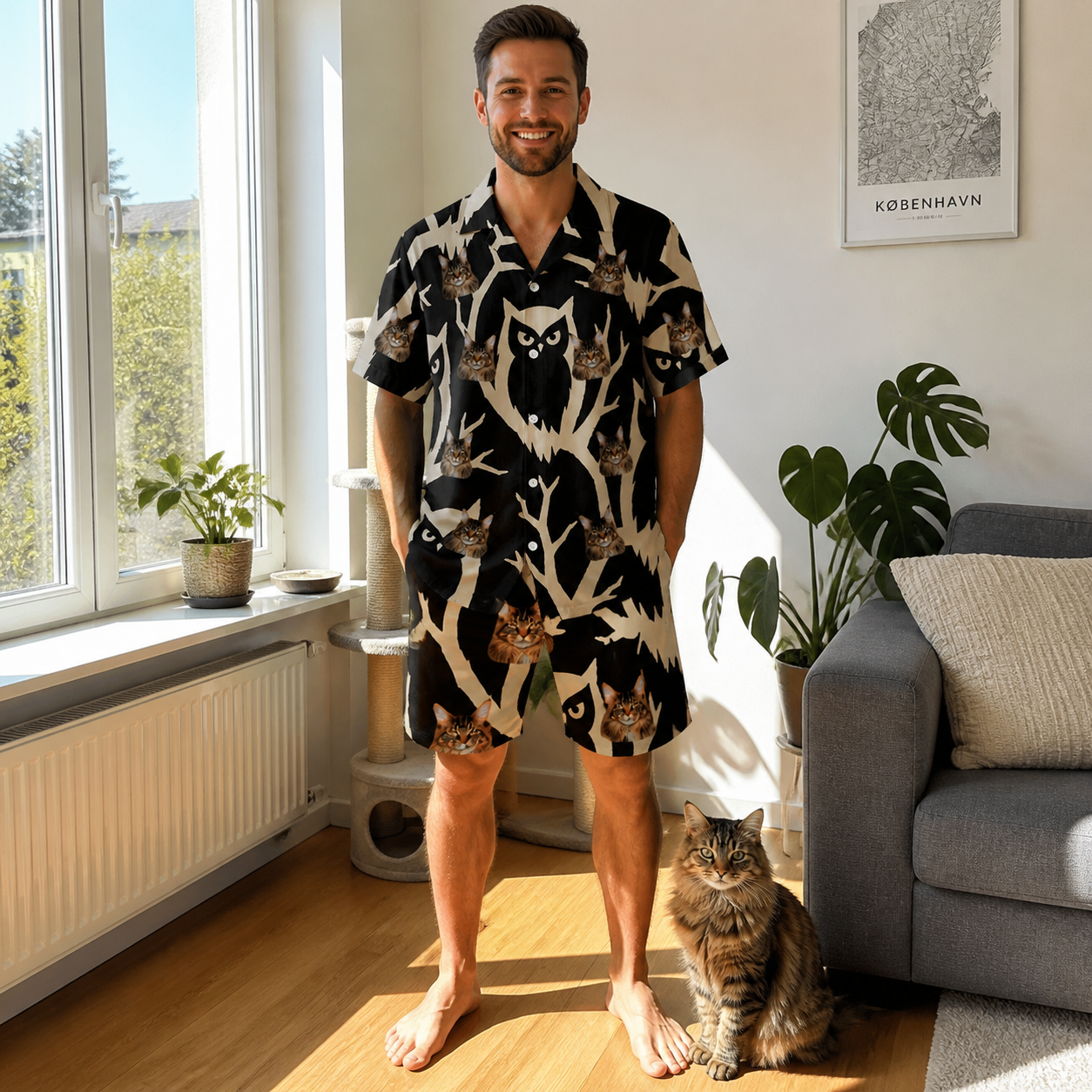 Full-length photo with the pet printed all over this Men's Midnight Moonhoot Custom Cat Face Shirt & Shorts Set