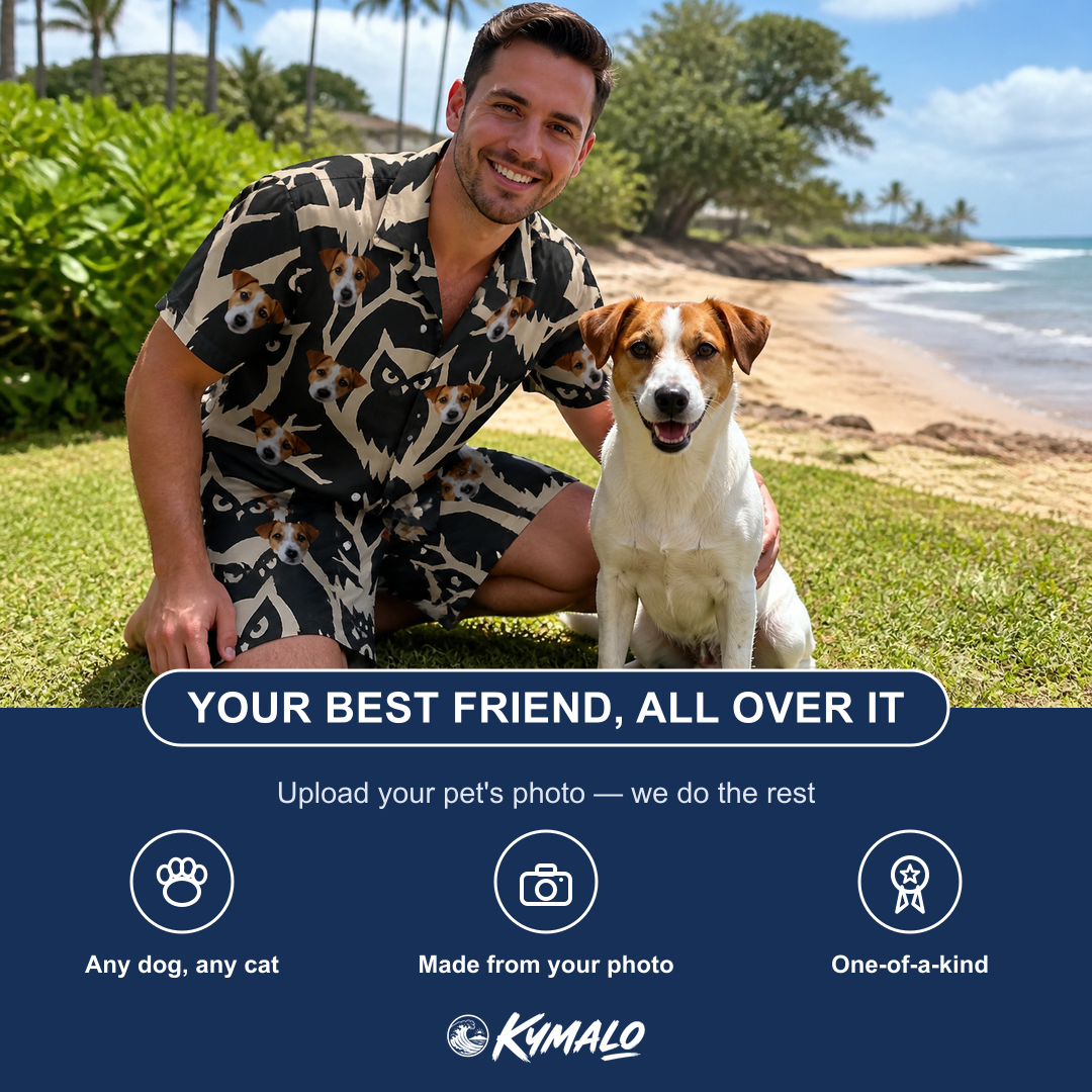 Friends in matching Men's Midnight Moonhoot Custom Dog Face Shirt & Shorts Set — a group gift photo