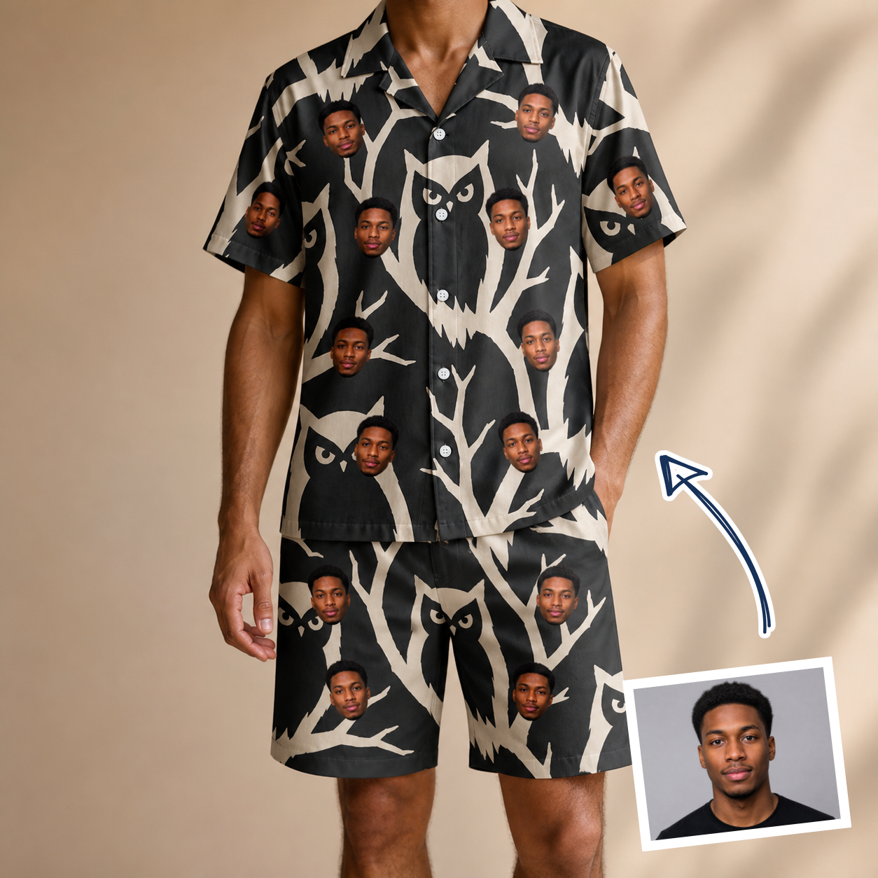 Man wearing Men's Midnight Moonhoot Custom Face Shirt & Shorts Set — custom faces printed all-over