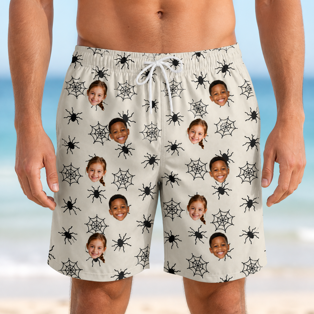 Model wearing Men's Tangle Terror Custom Face Beach Shorts printed with kids' faces