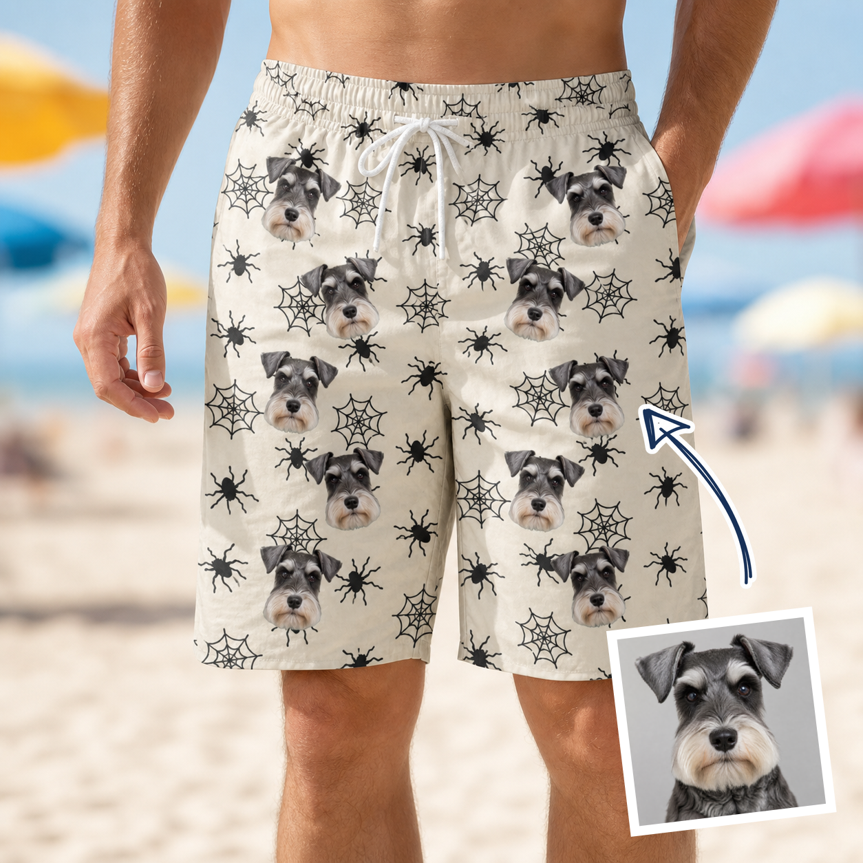 Man wearing Men's Tangle Terror Custom Dog Face Beach Shorts — custom faces printed all-over