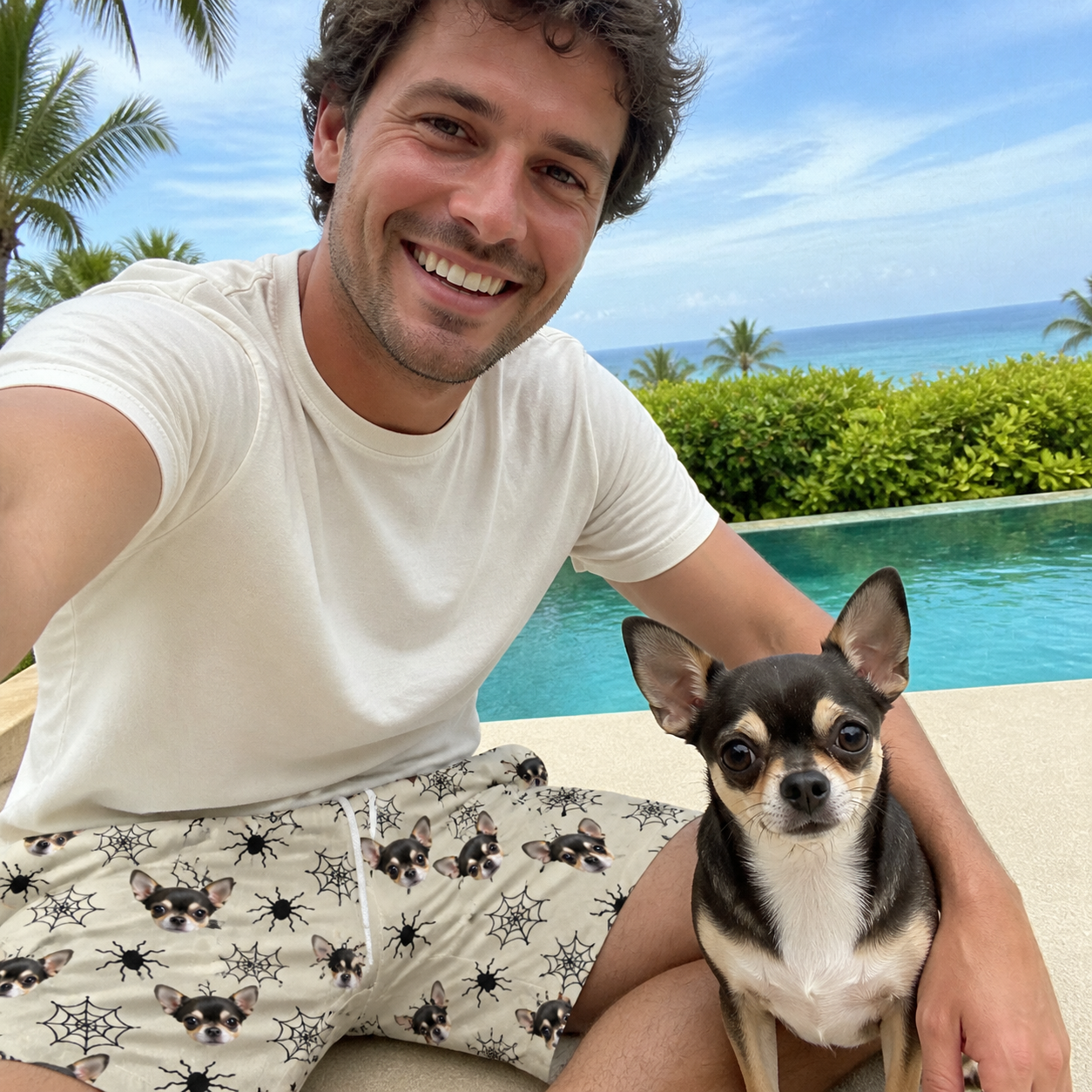 Selfie with the pet whose face is printed all over this Men's Tangle Terror Custom Dog Face Beach Shorts