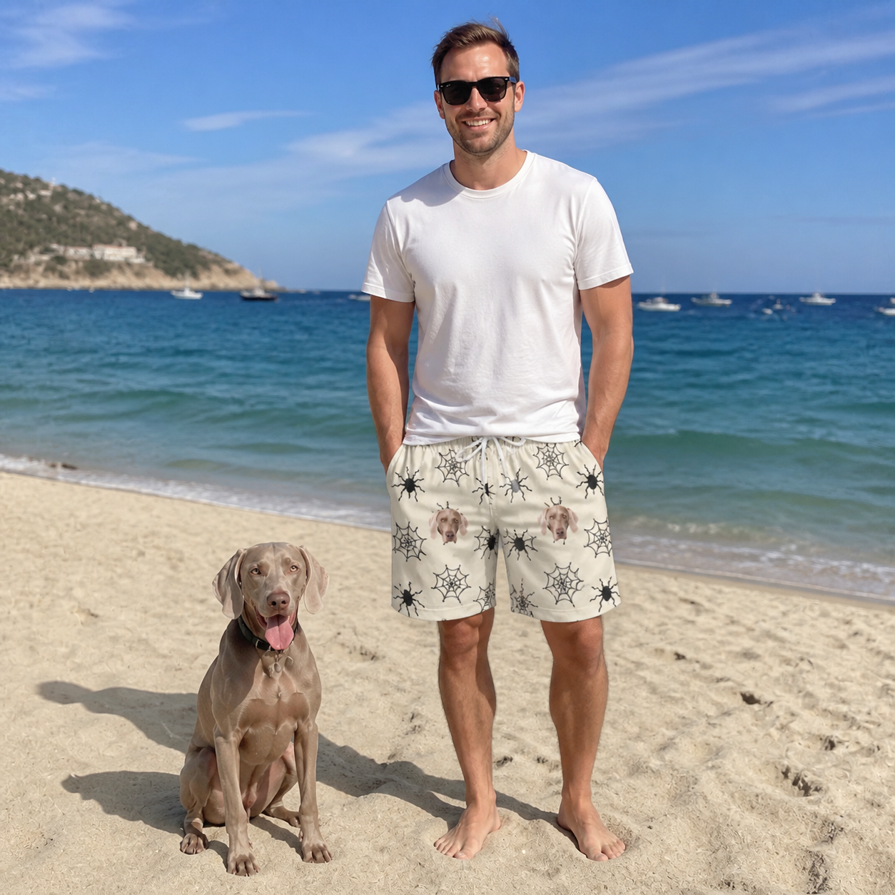 Full-length photo with the pet printed all over this Men's Tangle Terror Custom Dog Face Beach Shorts
