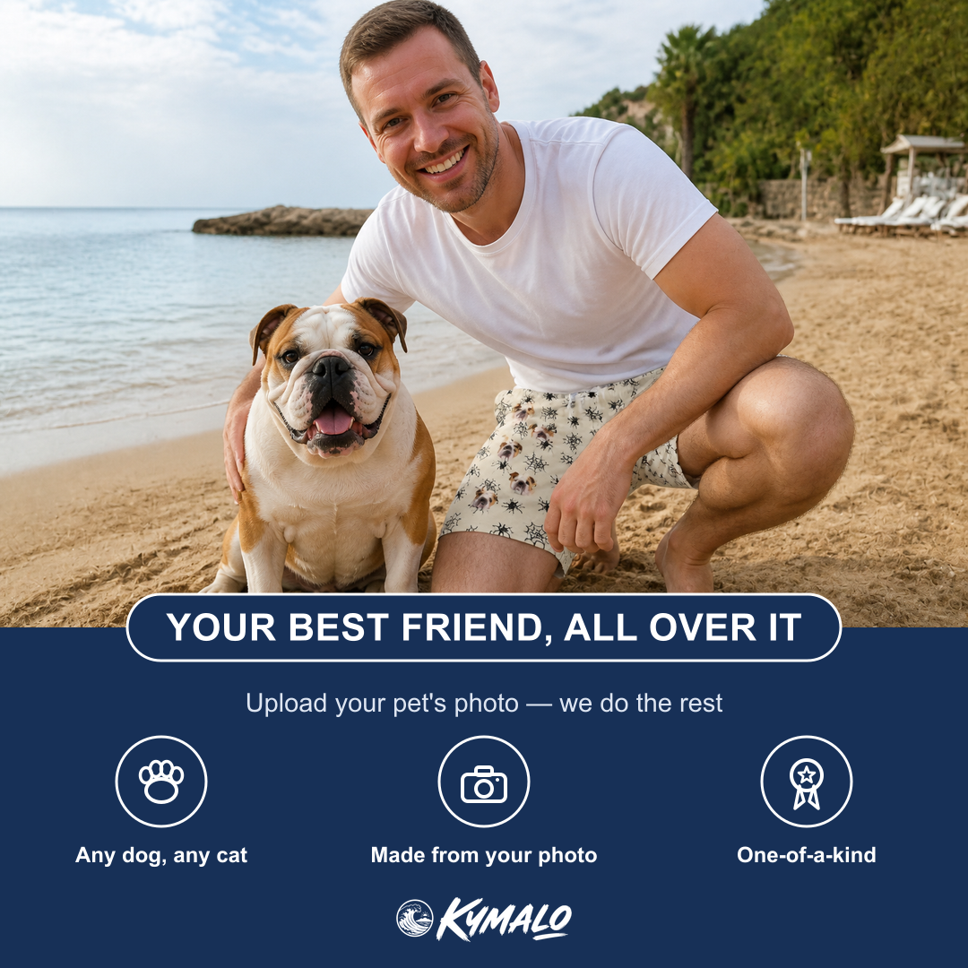 Friends in matching Men's Tangle Terror Custom Dog Face Beach Shorts — a group gift photo