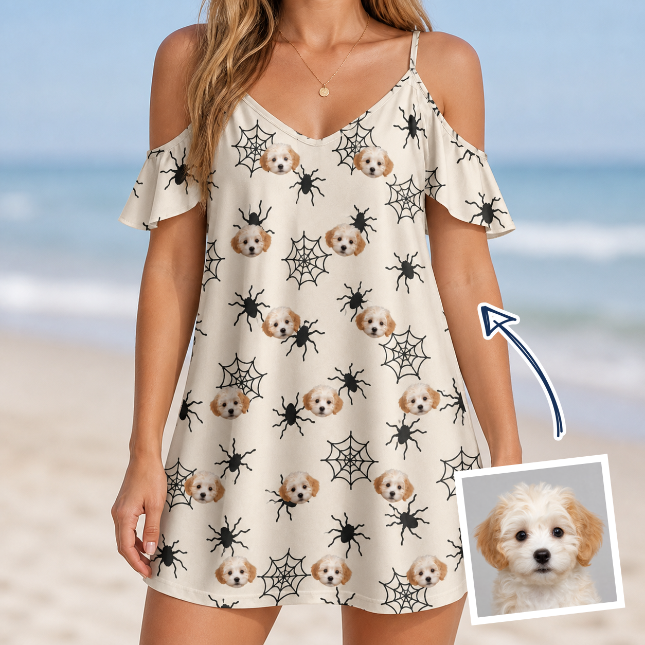 Woman wearing Women's Tangle Terror Custom Dog Face Off-Shoulder Dress — custom faces printed all-over