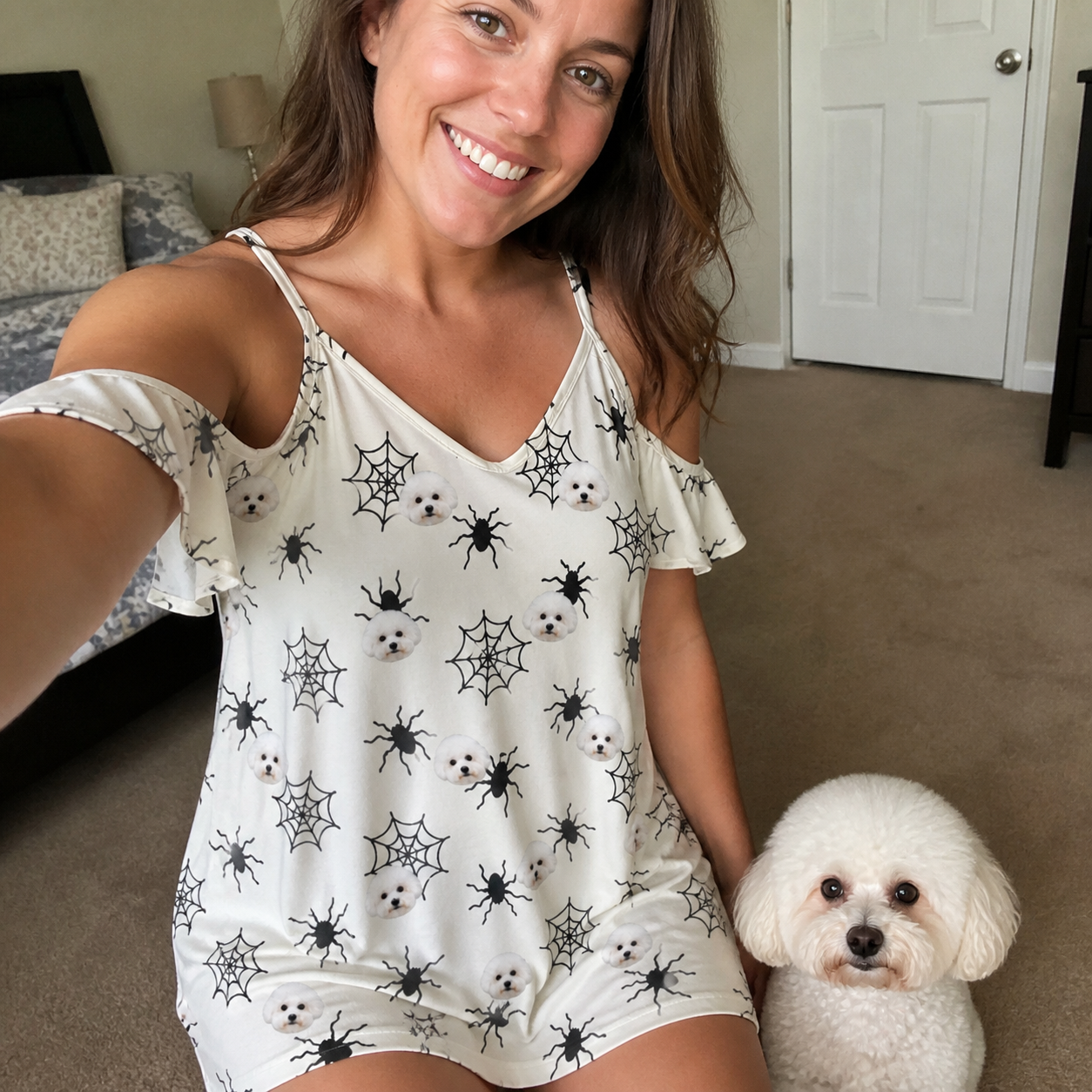 Selfie with the pet whose face is printed all over this Women's Tangle Terror Custom Dog Face Off-Shoulder Dress