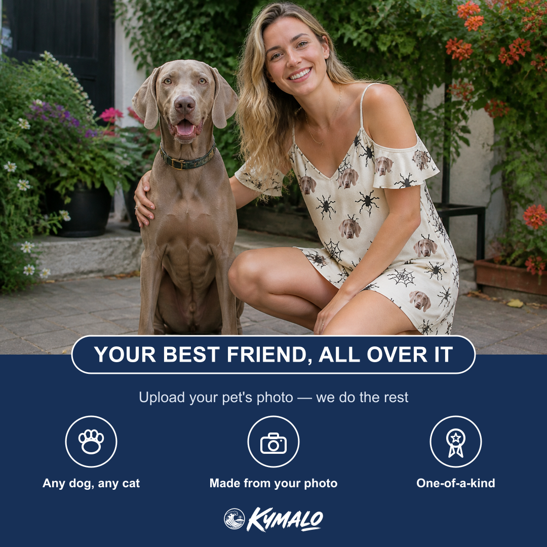 Friends in matching Women's Tangle Terror Custom Dog Face Off-Shoulder Dress — a group gift photo