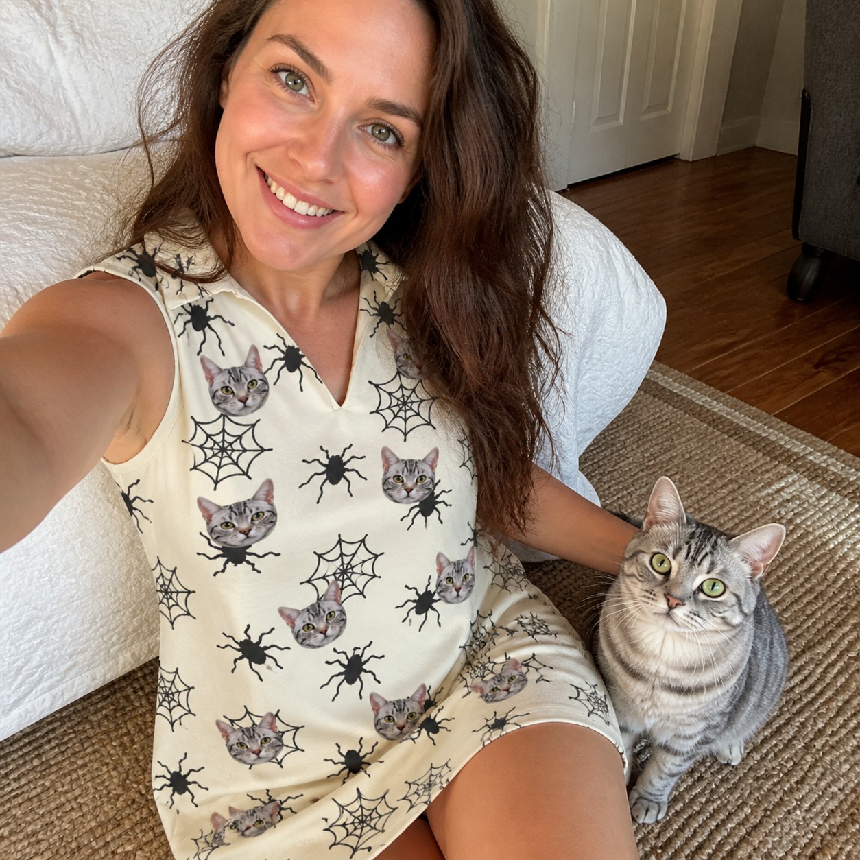 Selfie with the pet whose face is printed all over this Women's Tangle Terror Custom Cat Face V-Neck Dress
