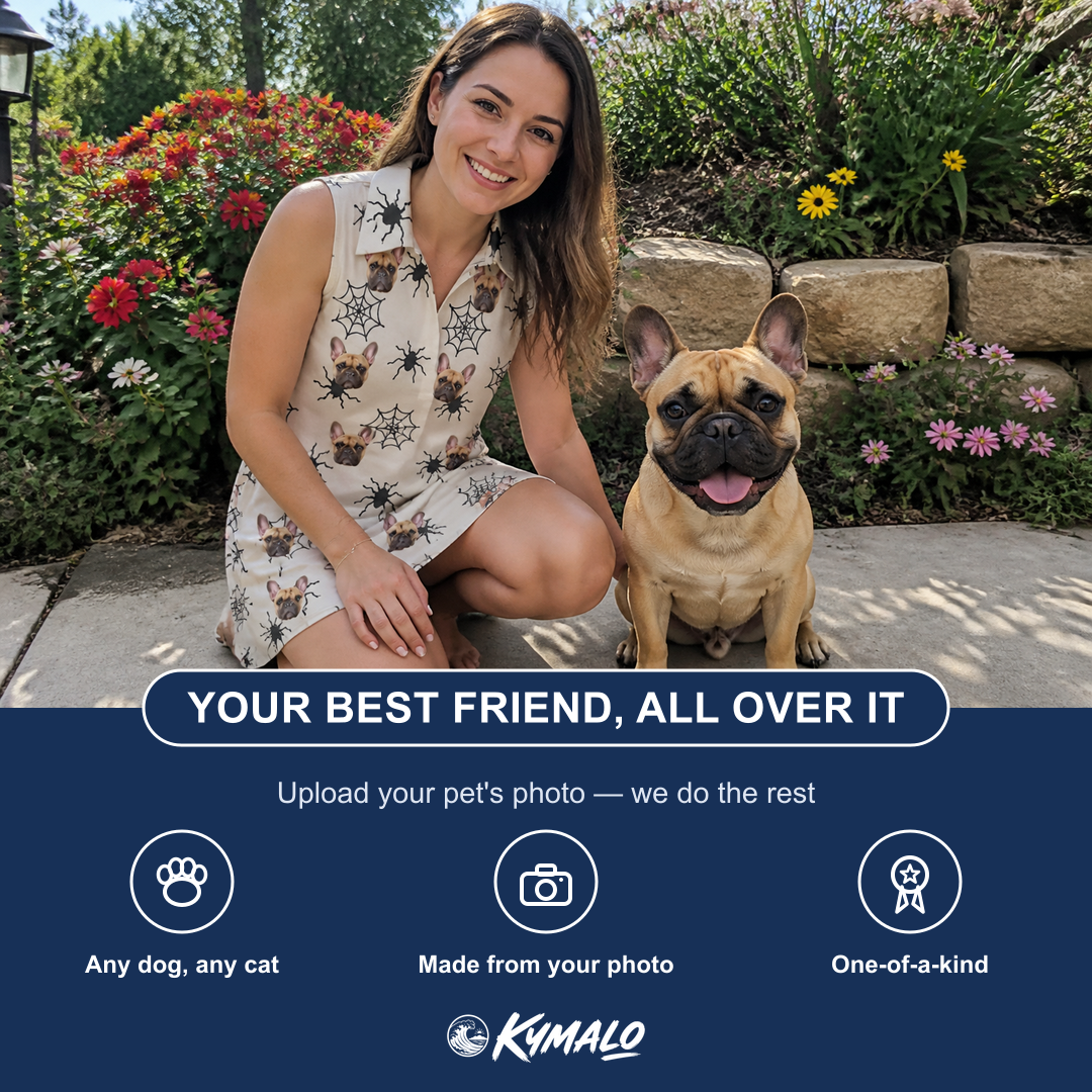 Friends in matching Women's Tangle Terror Custom Dog Face V-Neck Dress — a group gift photo