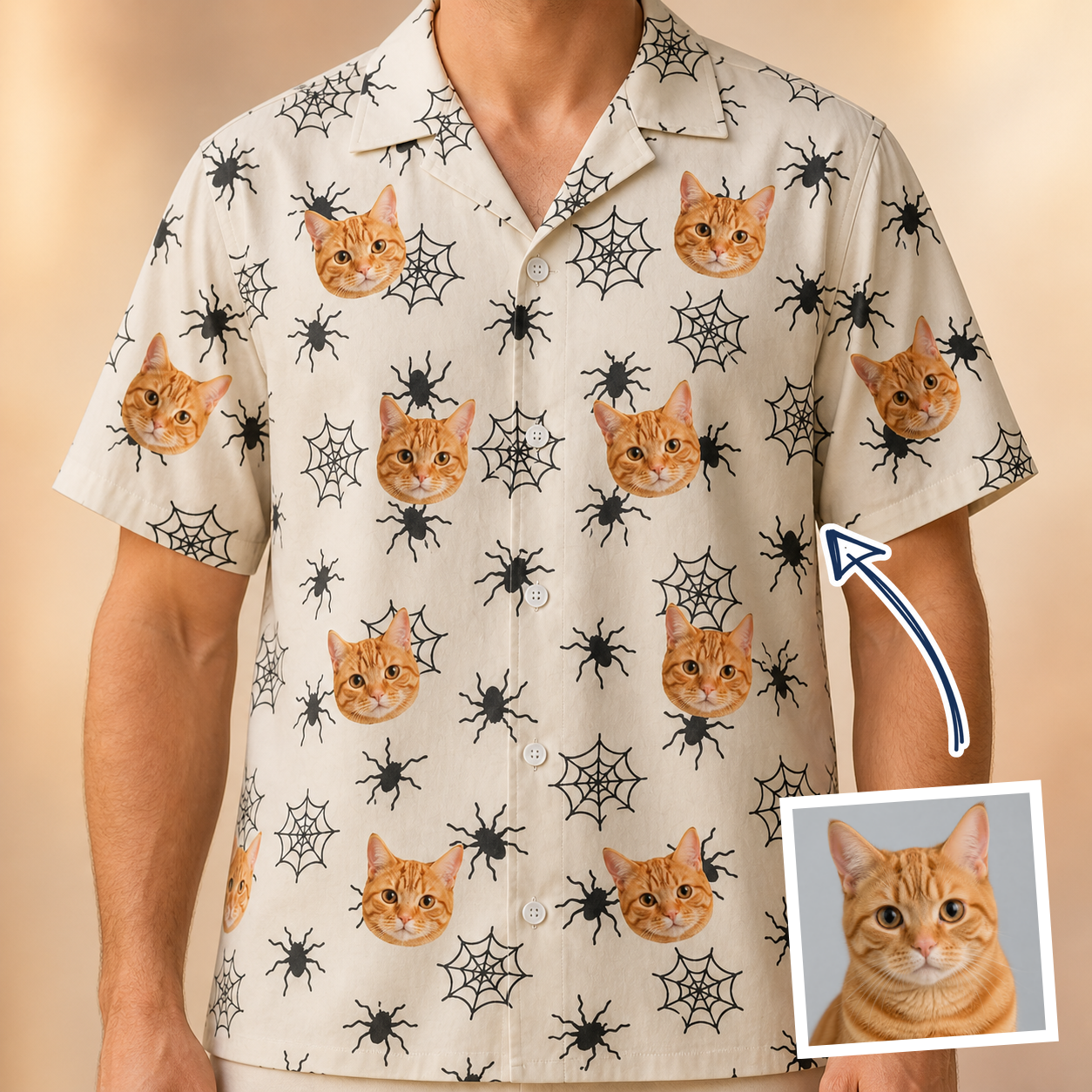 Man wearing Men's Tangle Terror Custom Cat Face Hawaiian Shirt — custom faces printed all-over