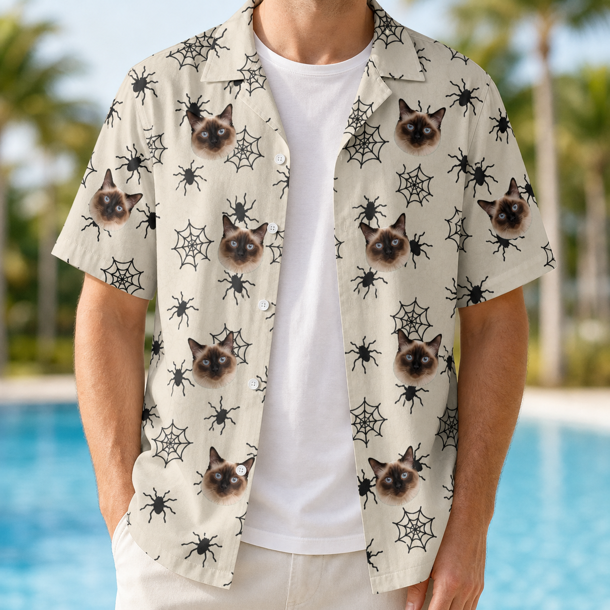 Man wearing Men's Tangle Terror Custom Cat Face Hawaiian Shirt open over a white tee