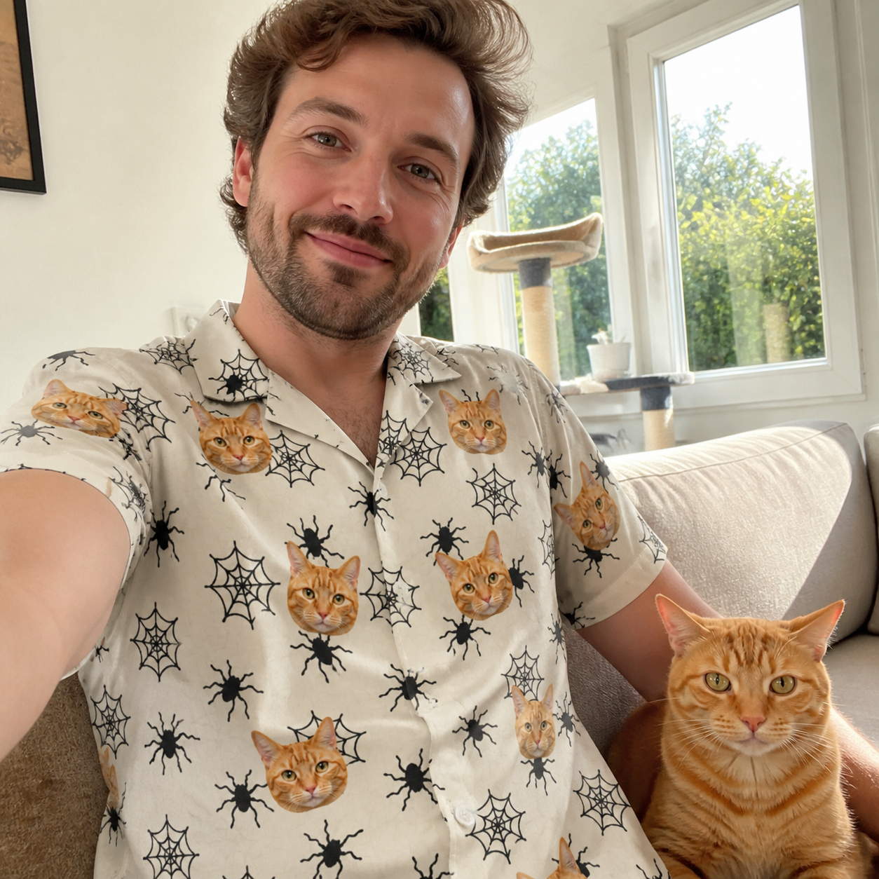 Selfie with the pet whose face is printed all over this Men's Tangle Terror Custom Cat Face Hawaiian Shirt