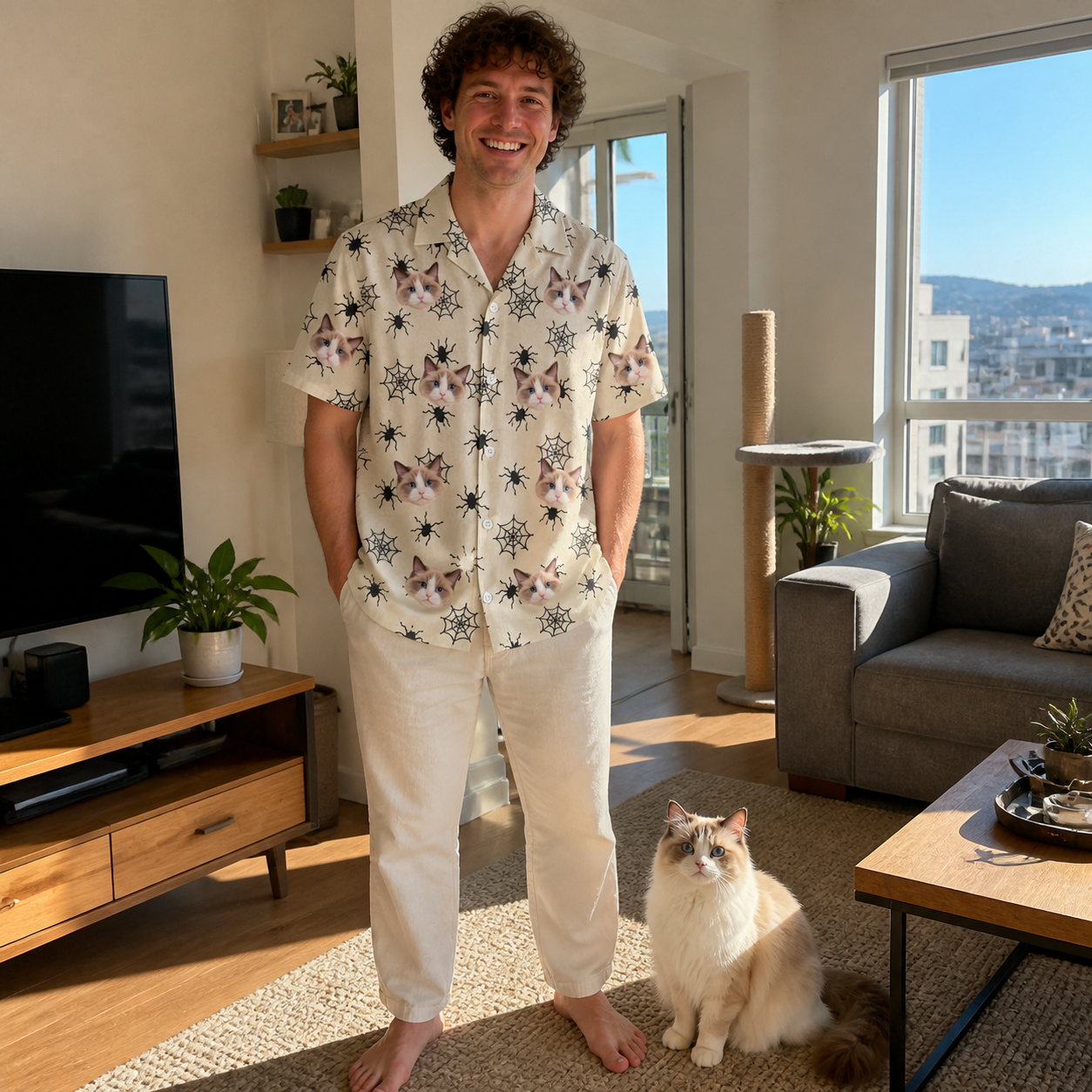 Full-length photo with the pet printed all over this Men's Tangle Terror Custom Cat Face Hawaiian Shirt