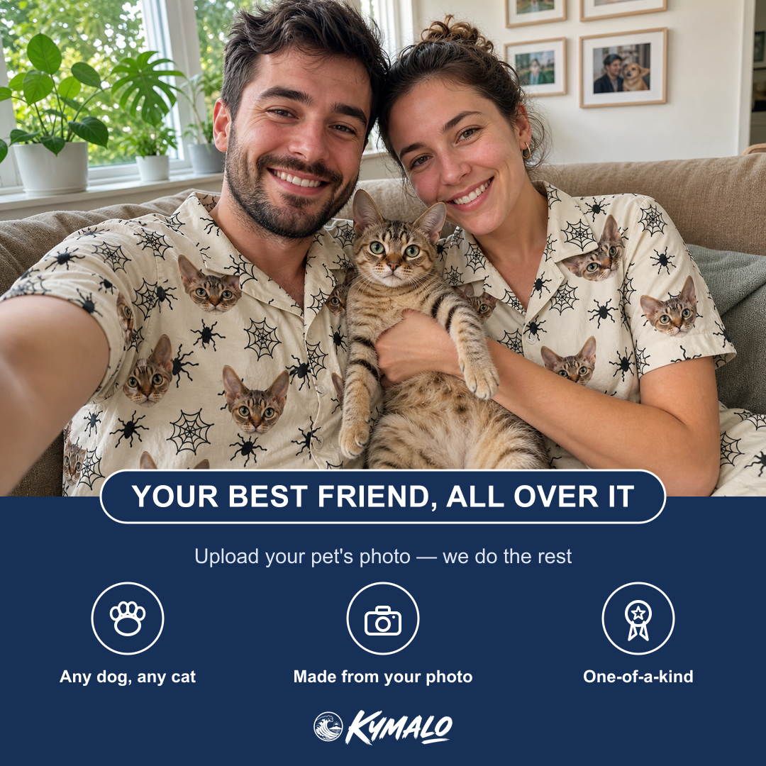 Friends in matching Men's Tangle Terror Custom Cat Face Hawaiian Shirt — a group gift photo