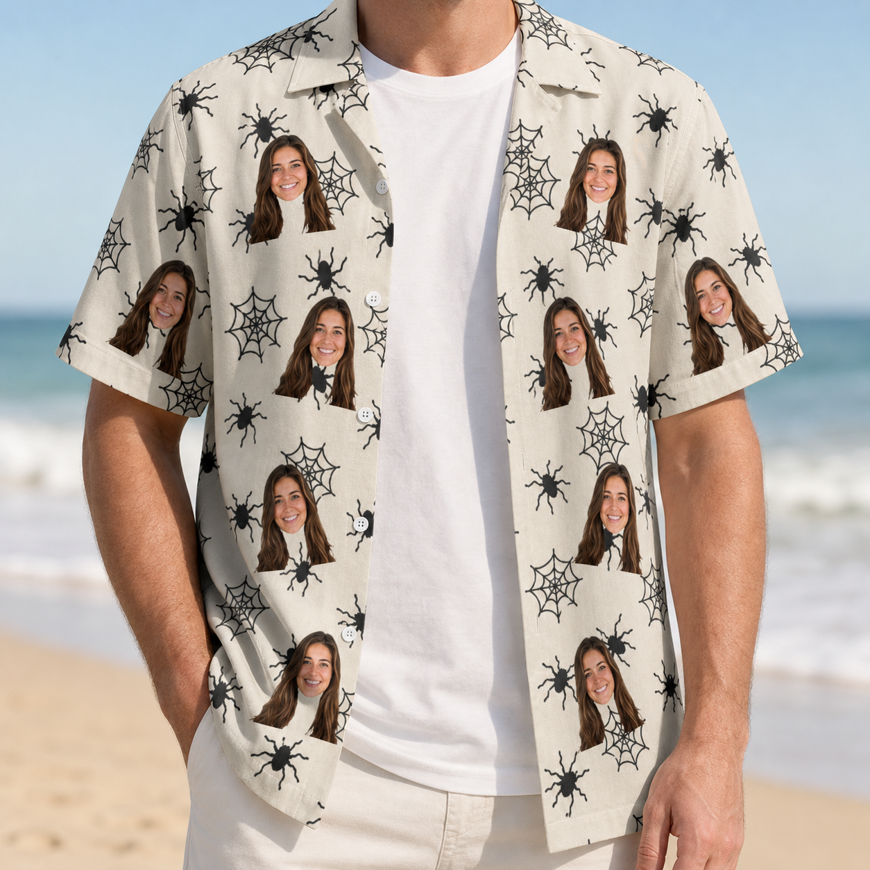 Man wearing Men's Tangle Terror Custom Face Hawaiian Shirt open over a white tee