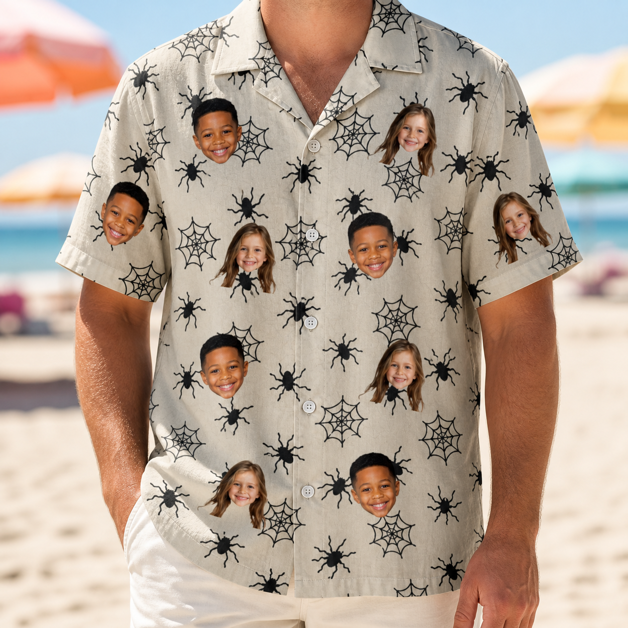 Model wearing Men's Tangle Terror Custom Face Hawaiian Shirt printed with kids' faces