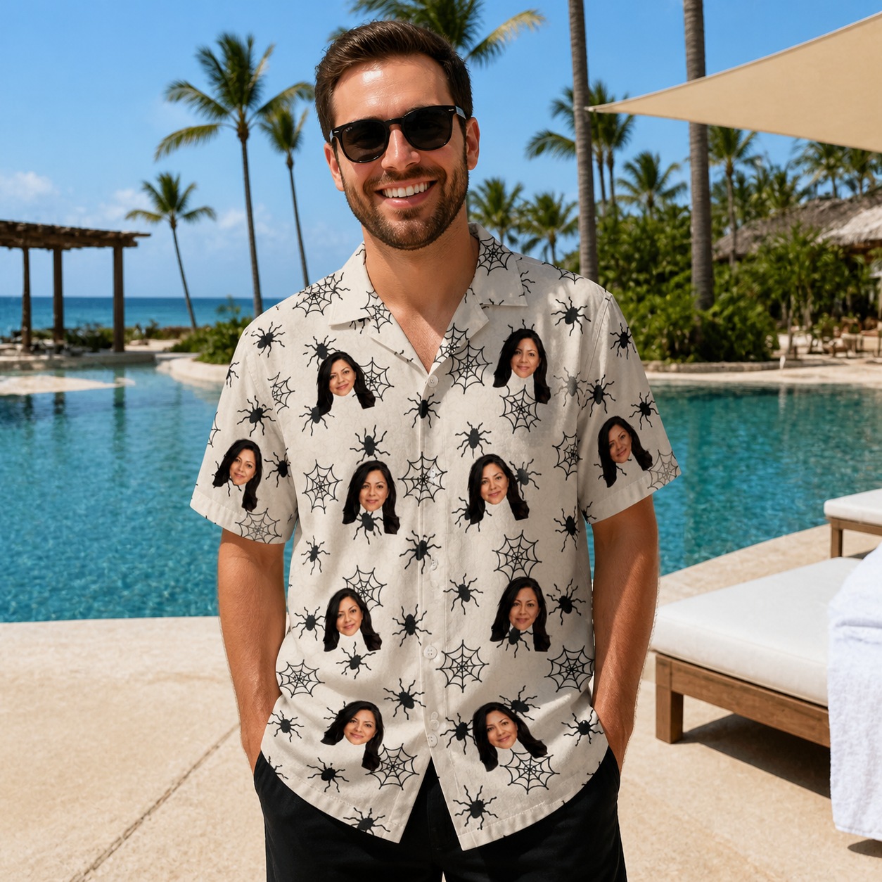 Real-life photo of someone wearing Men's Tangle Terror Custom Face Hawaiian Shirt — custom faces printed all-over