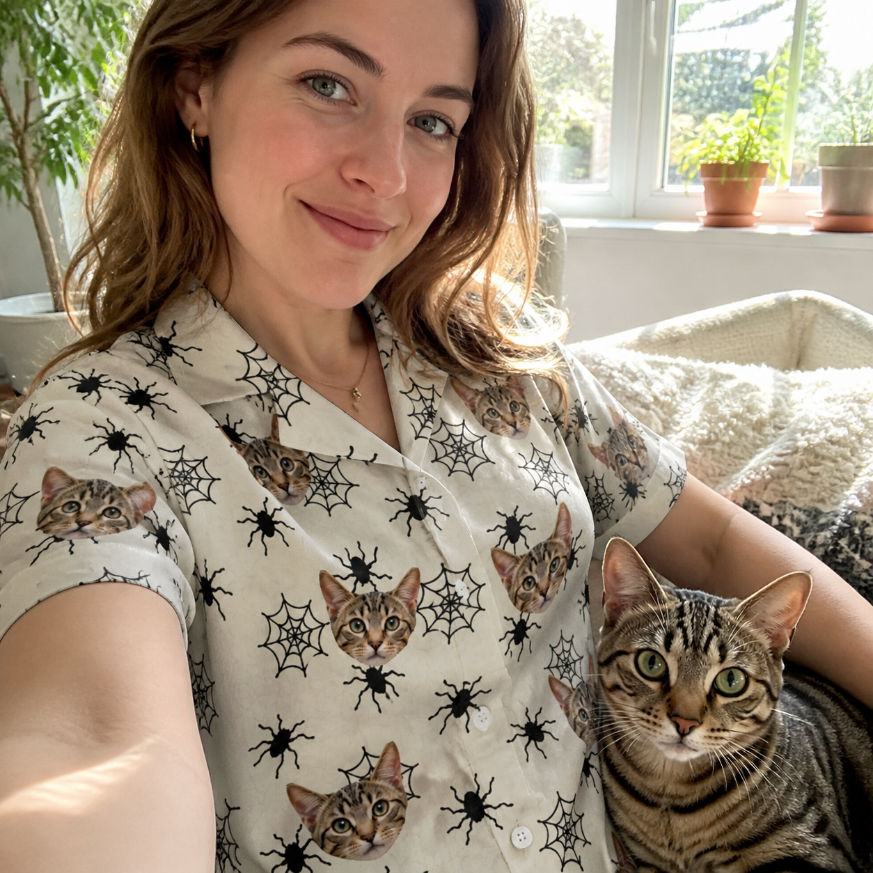 Selfie with the pet whose face is printed all over this Women's Tangle Terror Custom Cat Face Hawaiian Shirt
