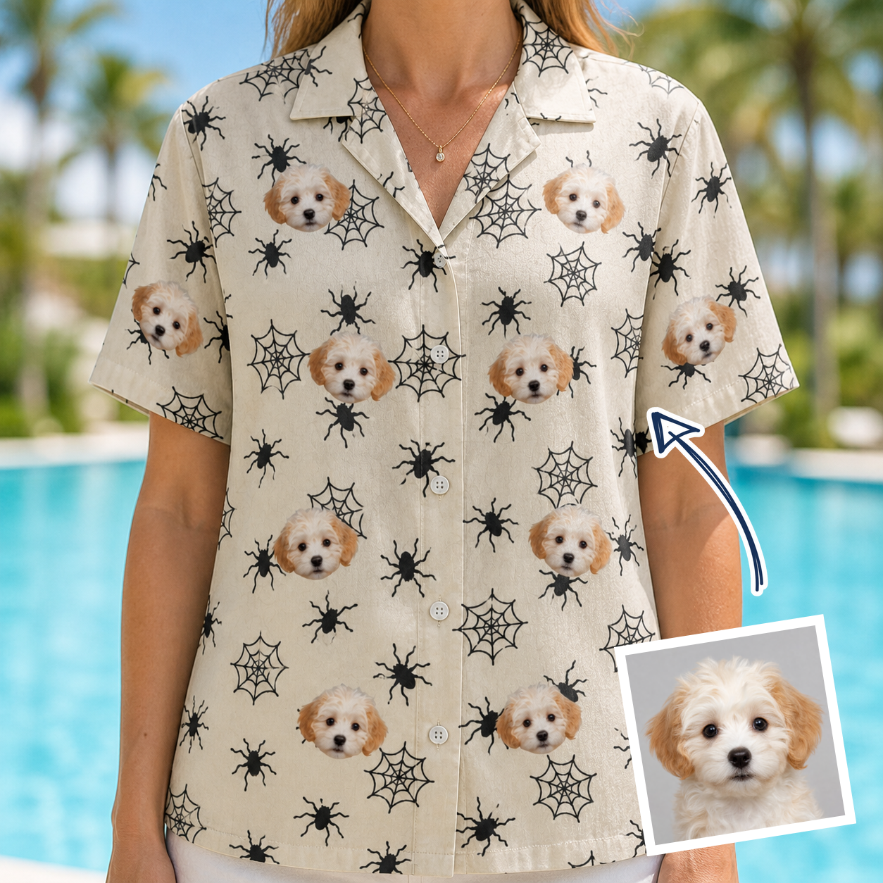 Woman wearing Women's Tangle Terror Custom Dog Face Hawaiian Shirt — custom faces printed all-over
