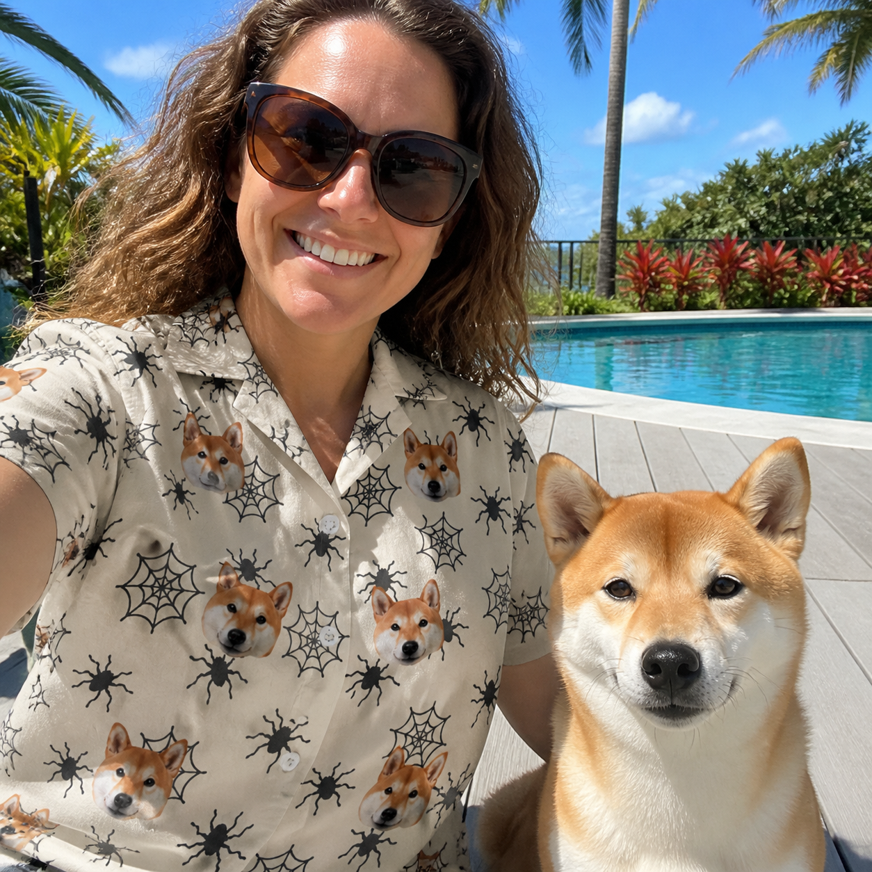 Selfie with the pet whose face is printed all over this Women's Tangle Terror Custom Dog Face Hawaiian Shirt