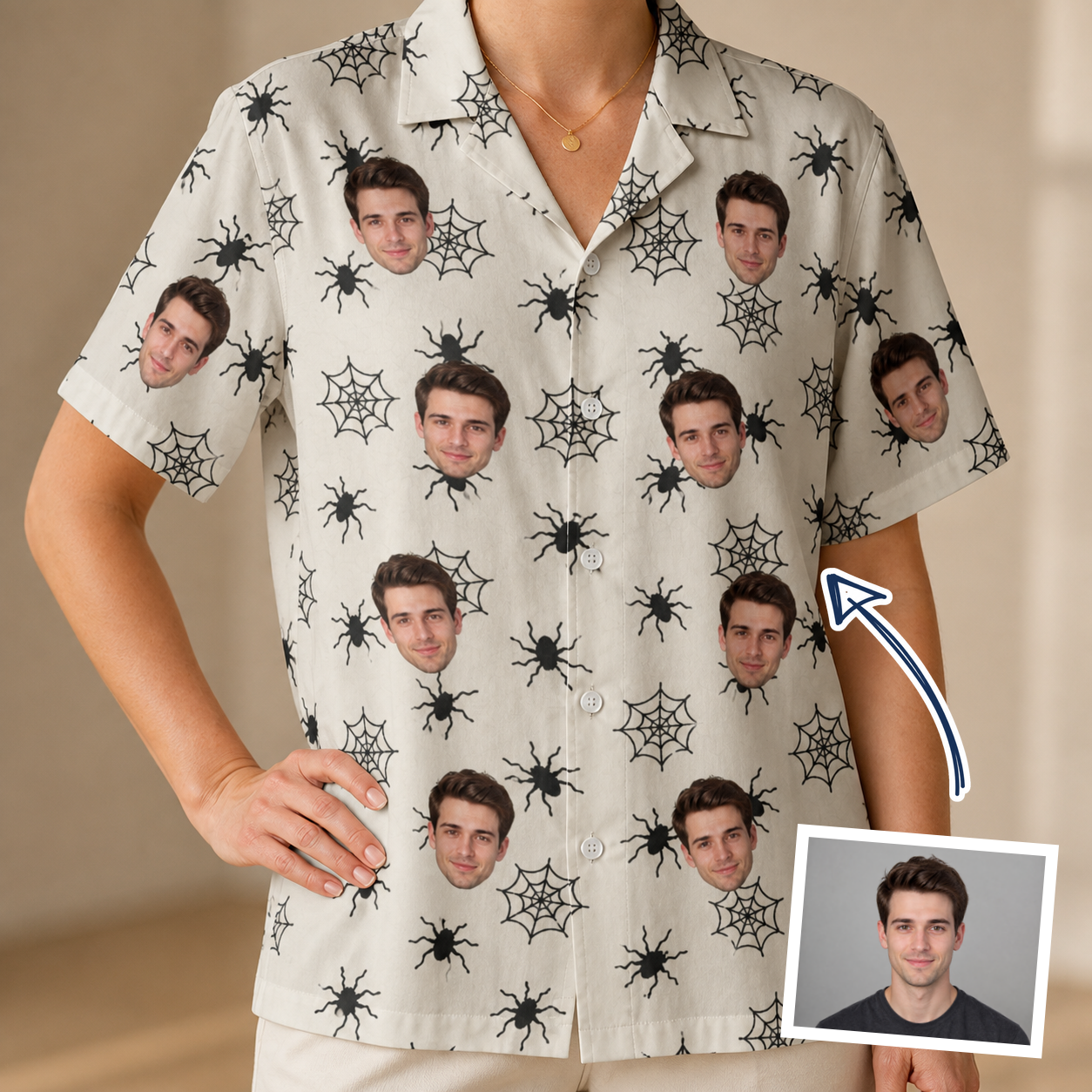 Woman wearing Women's Tangle Terror Custom Face Hawaiian Shirt — custom faces printed all-over