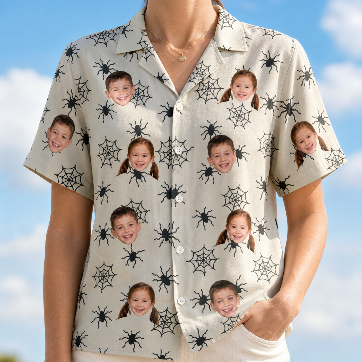 Model wearing Women's Tangle Terror Custom Face Hawaiian Shirt printed with kids' faces
